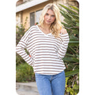 Women's Brown and White Striped V-neck Knit Top T1692