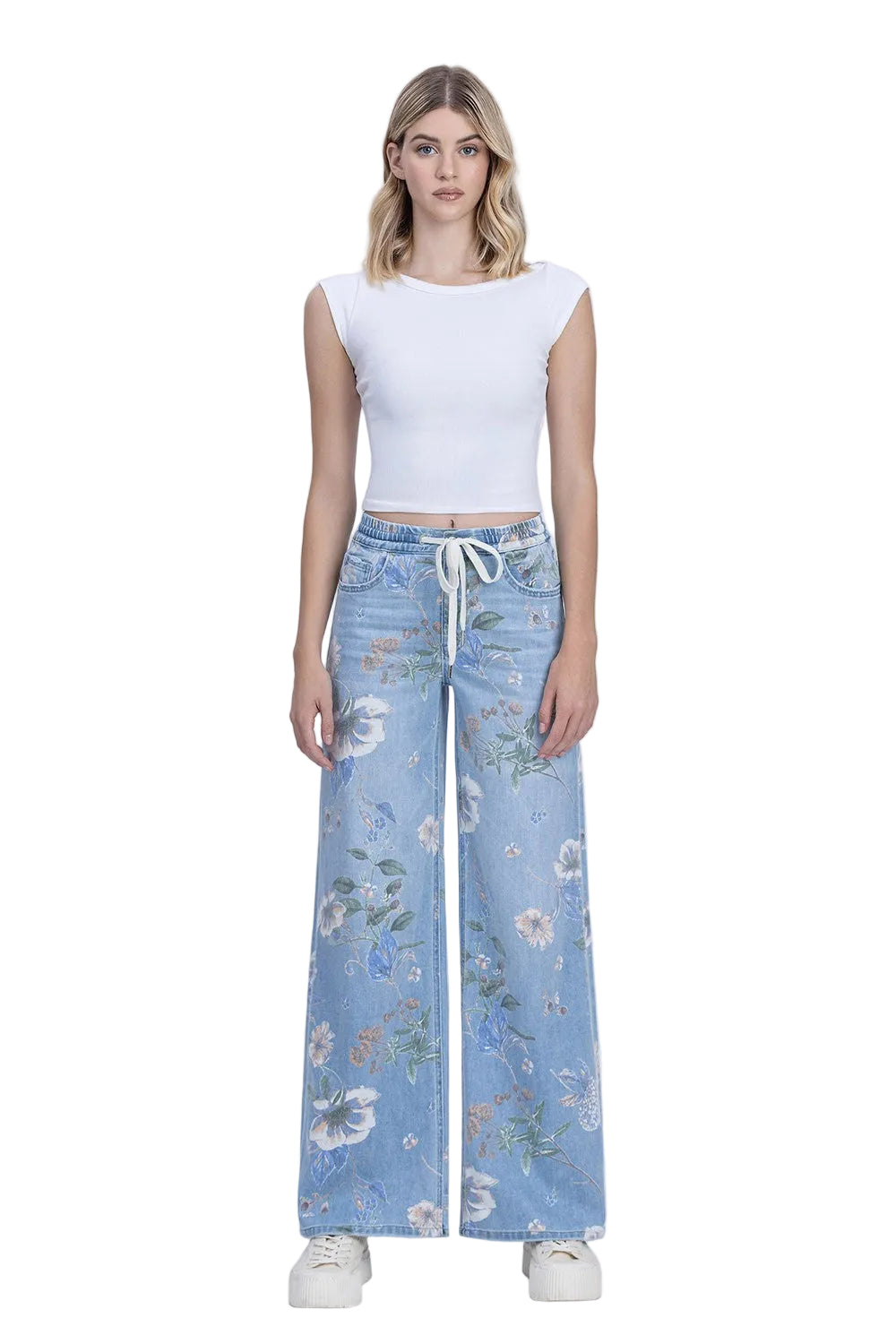 Vervet Women's High Rise Drawstring WB Floral Print Wide Jeans