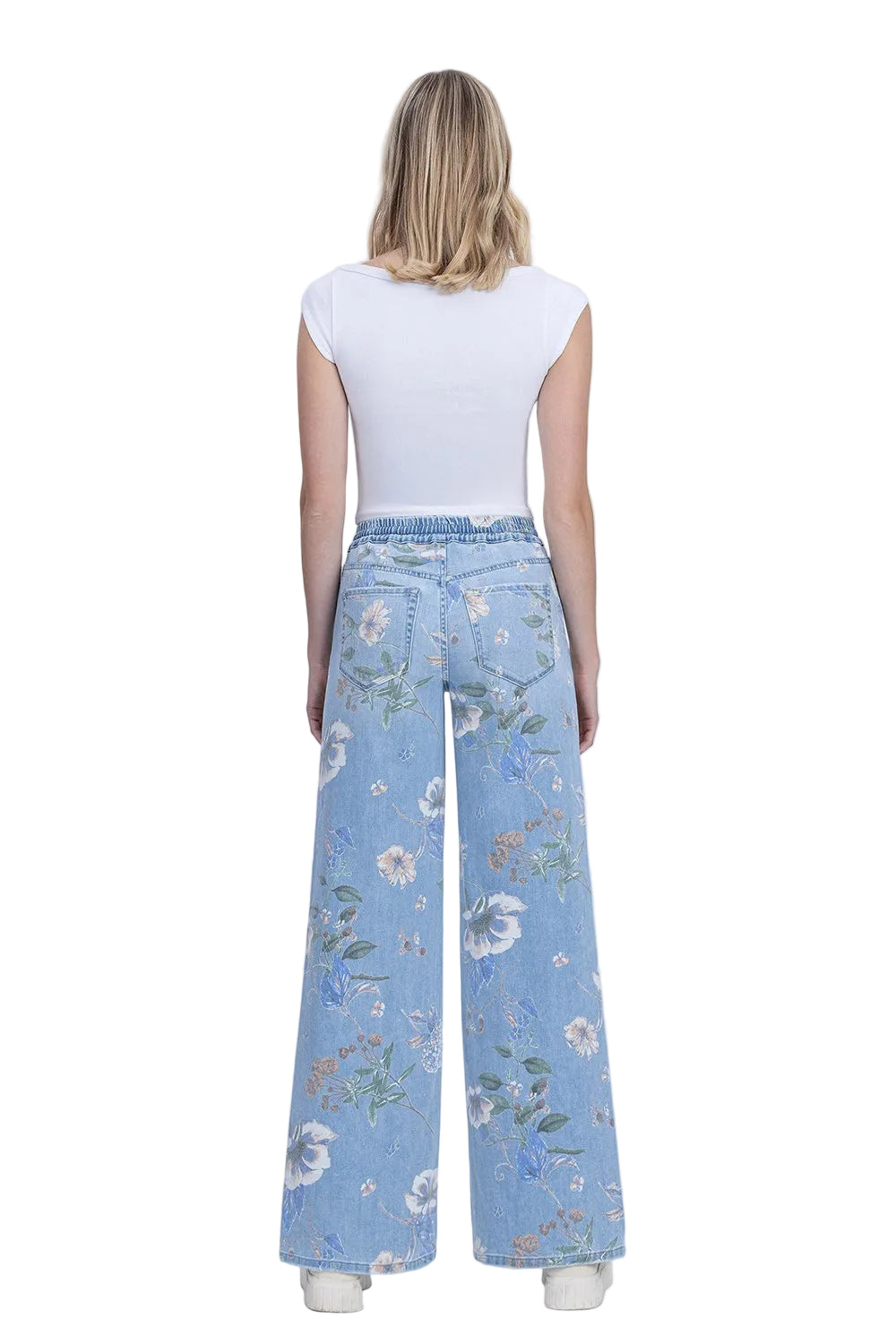 Vervet Women's High Rise Drawstring WB Floral Print Wide Jeans