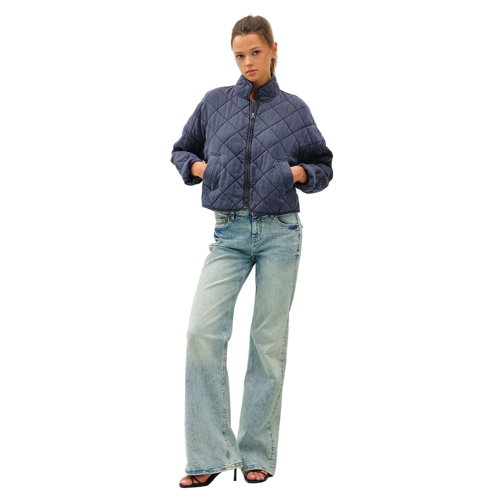 Women's Charcoal Blue Garment Washed Quilt Crop Jacket 31566