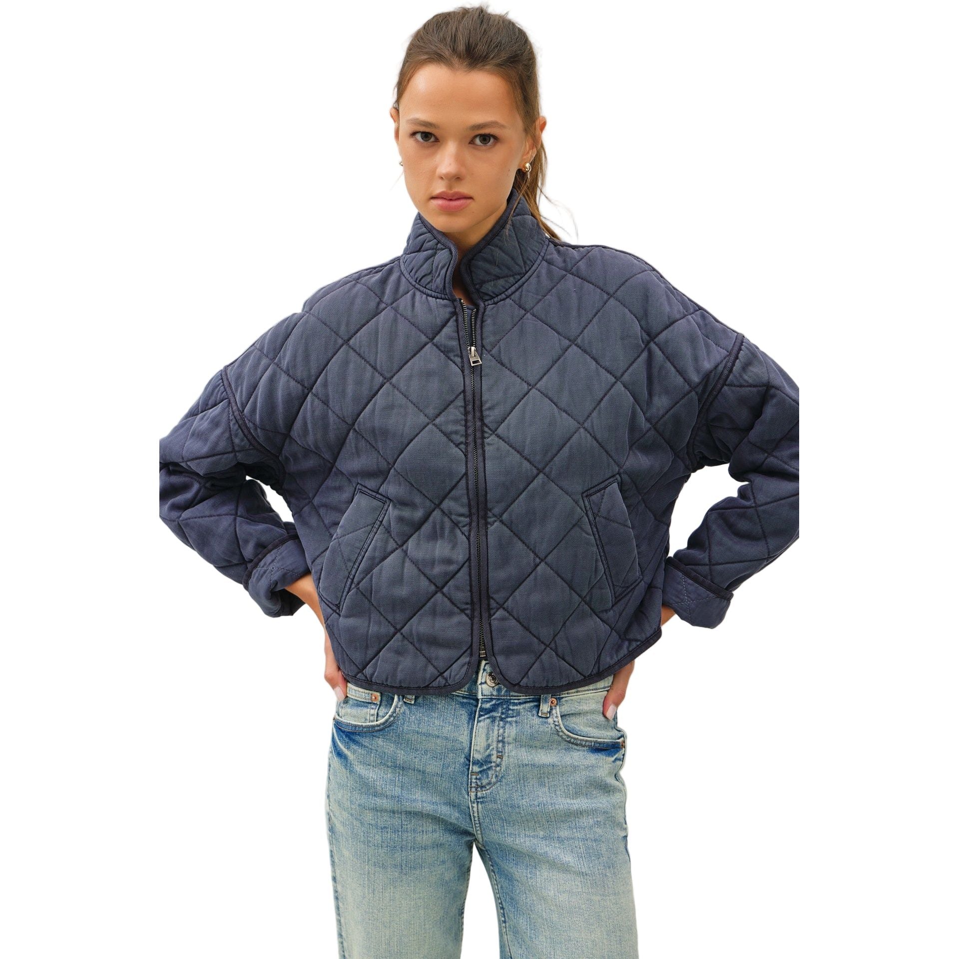 Women's Charcoal Blue Garment Washed Quilt Crop Jacket 31566