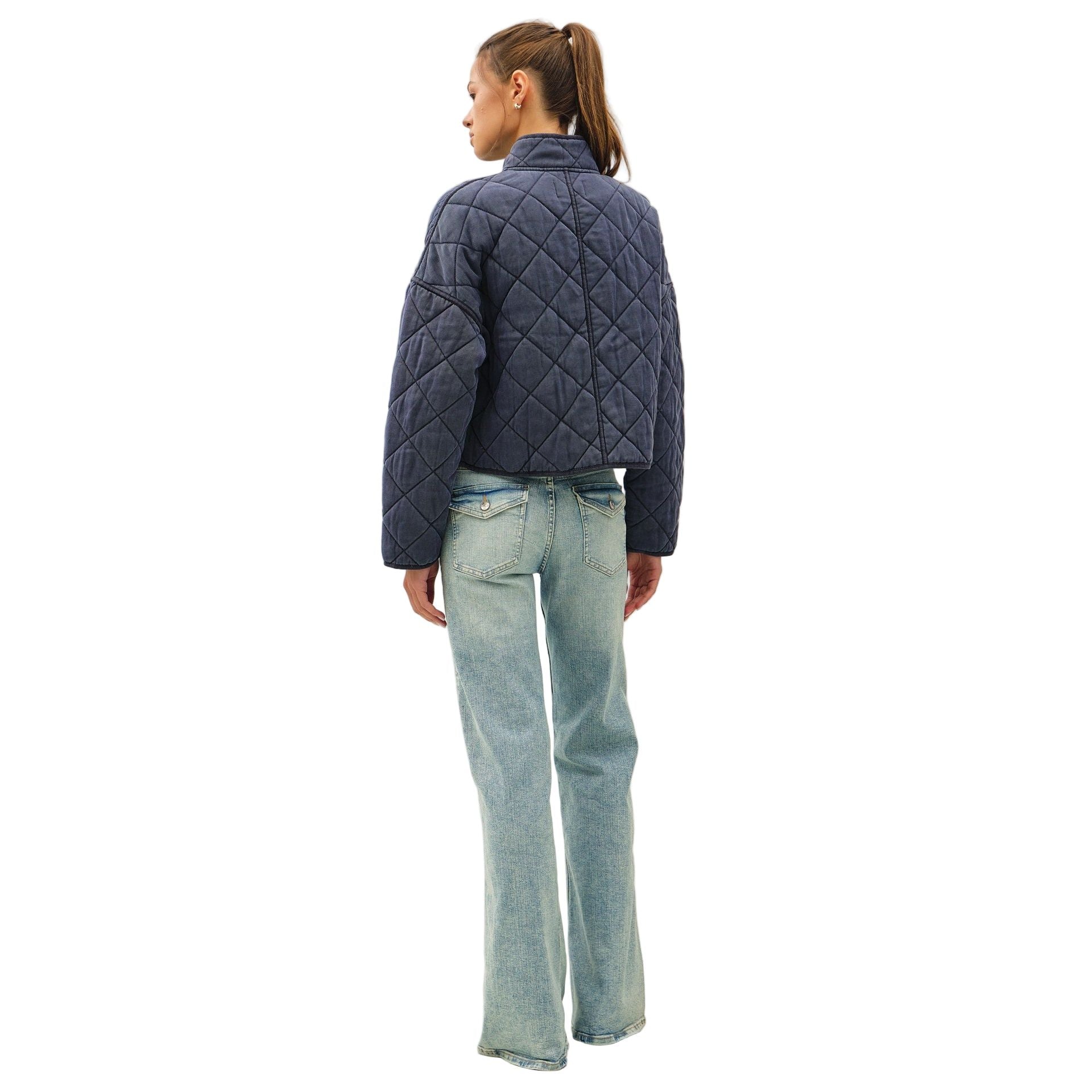 Women's Charcoal Blue Garment Washed Quilt Crop Jacket 31566