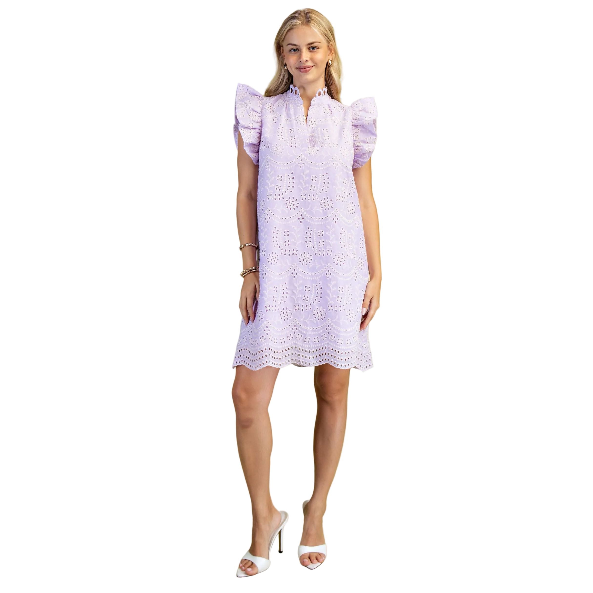 Women's Lilac Eyelet V-Neck Mini Dress TE1649