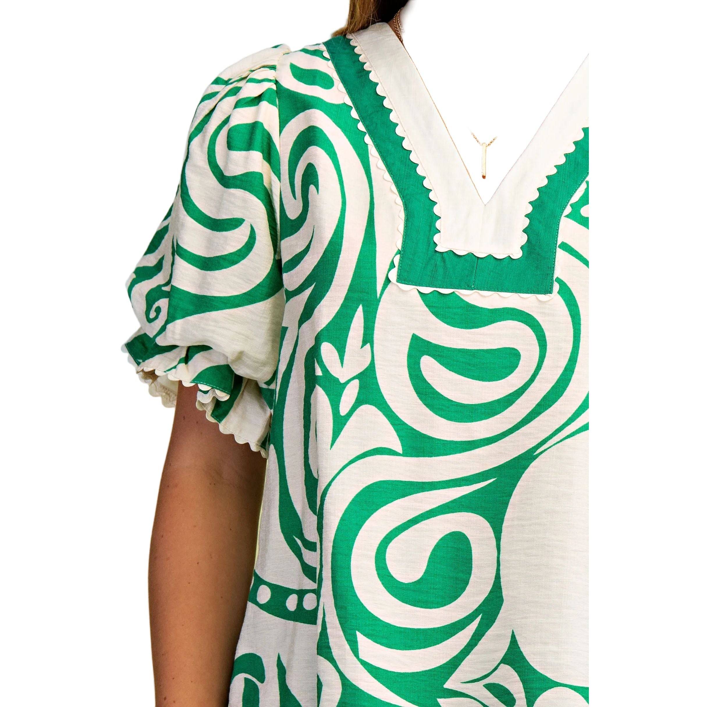 Women's Green and White Printed V-neck Blouse TY1027