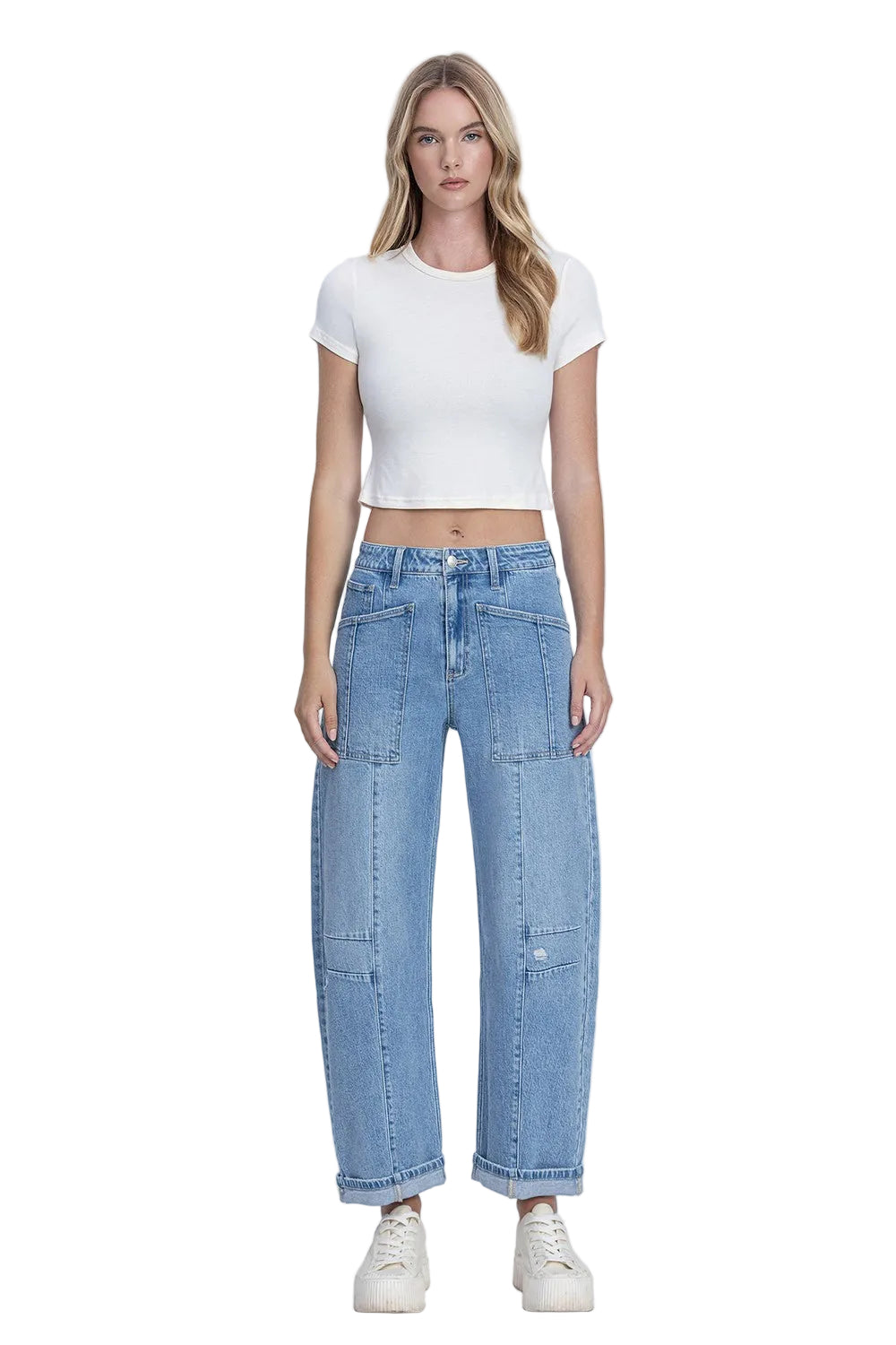 Women's Flying Monkey Super High Rise Patch Pocket Cuffed Barrel Jeans F9134