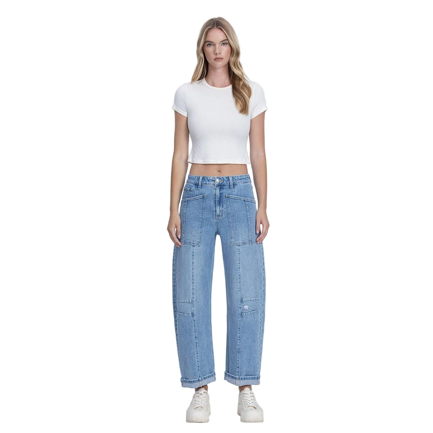 Women's Flying Monkey Super High Rise Patch Pocket Cuffed Barrel Jeans F9134