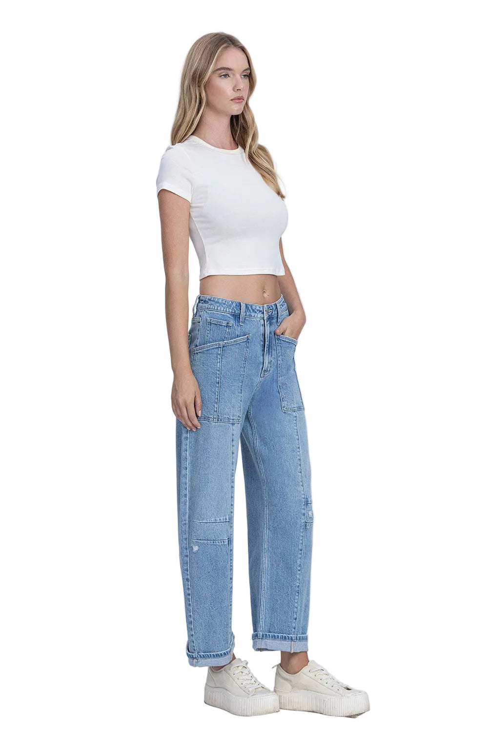 Women's Flying Monkey Super High Rise Patch Pocket Cuffed Barrel Jeans F9134