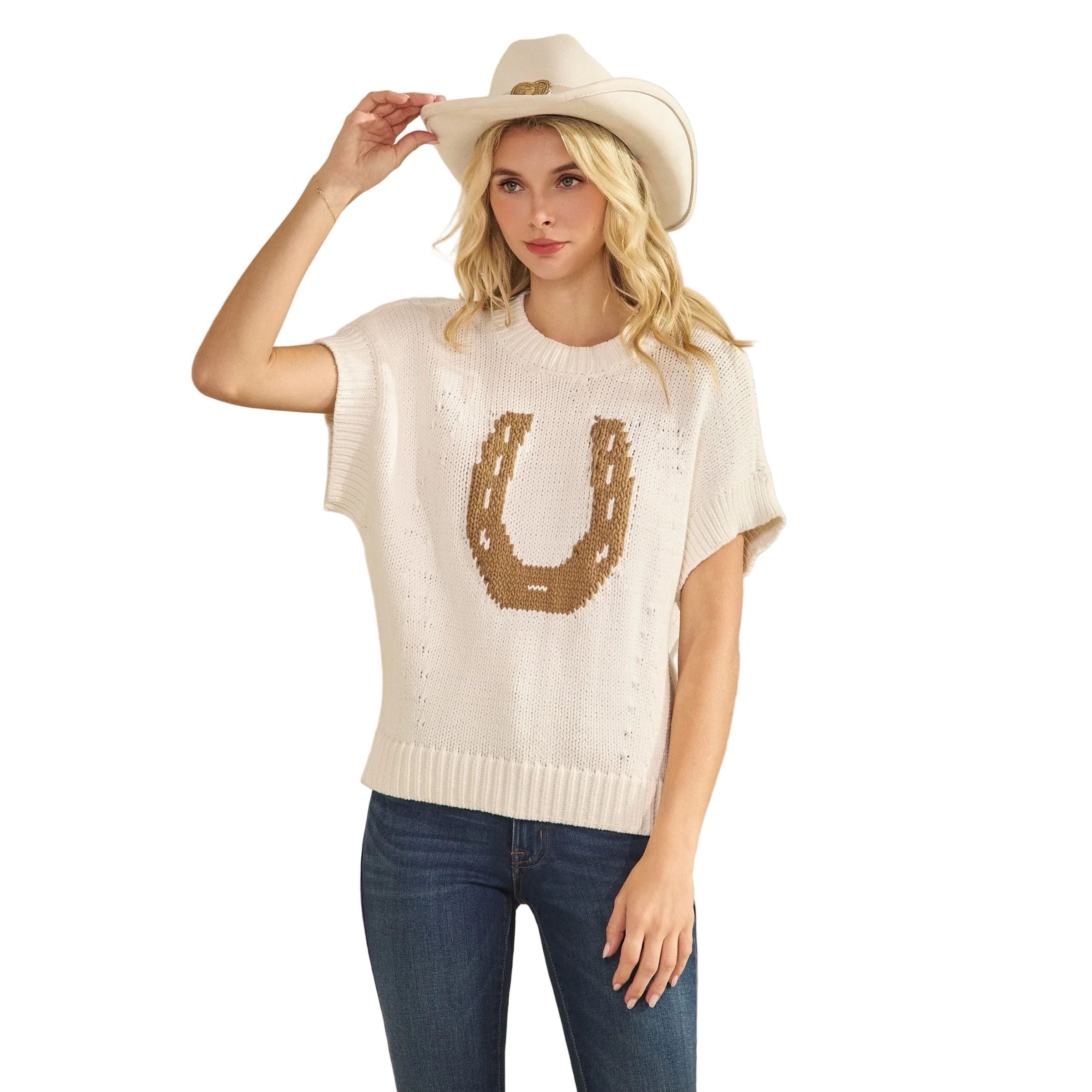 Women's Western Horseshoe Short Sleeve Sweater Top SDW6377