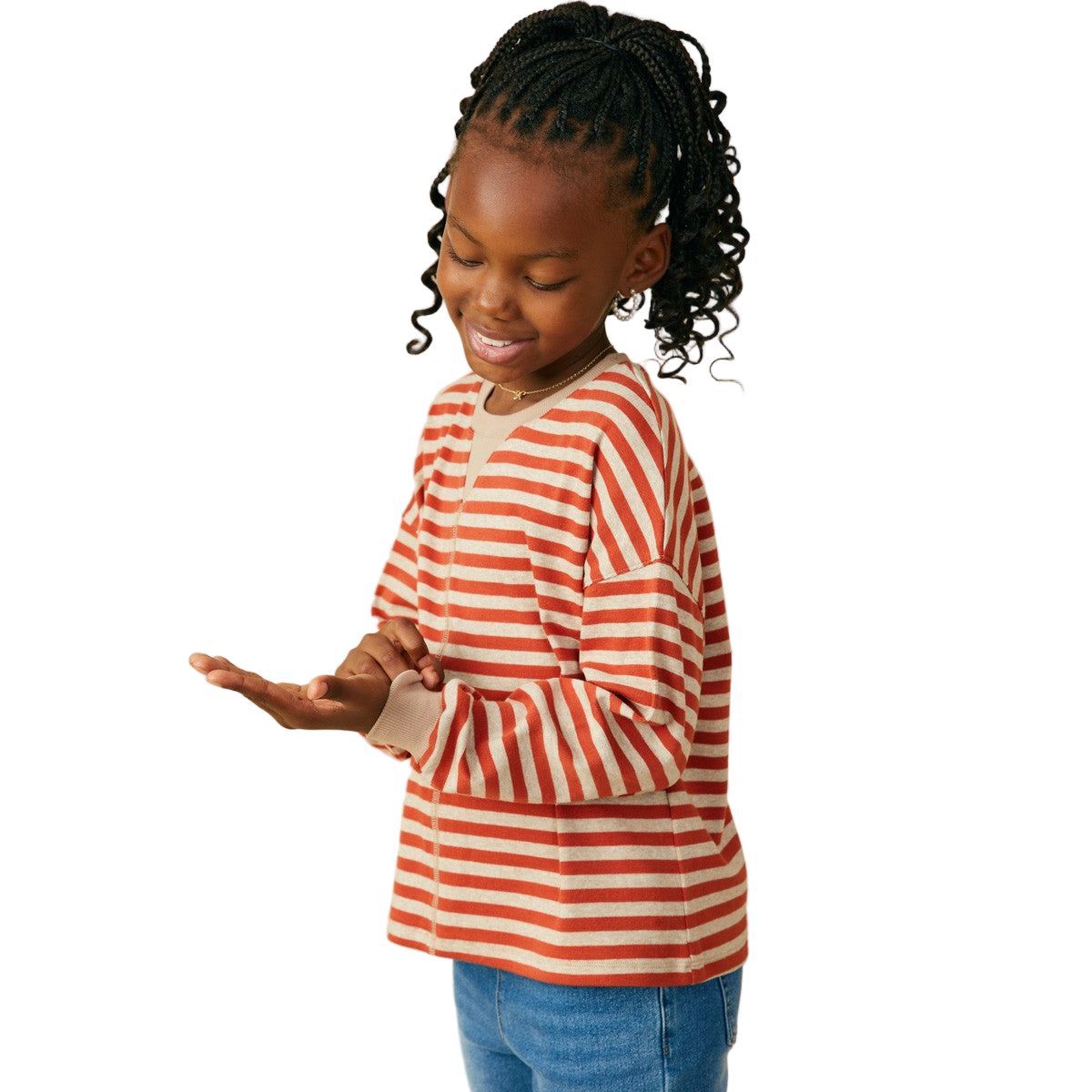 Girls Contrast Band Stitch Detail Striped Knit Top GY9726