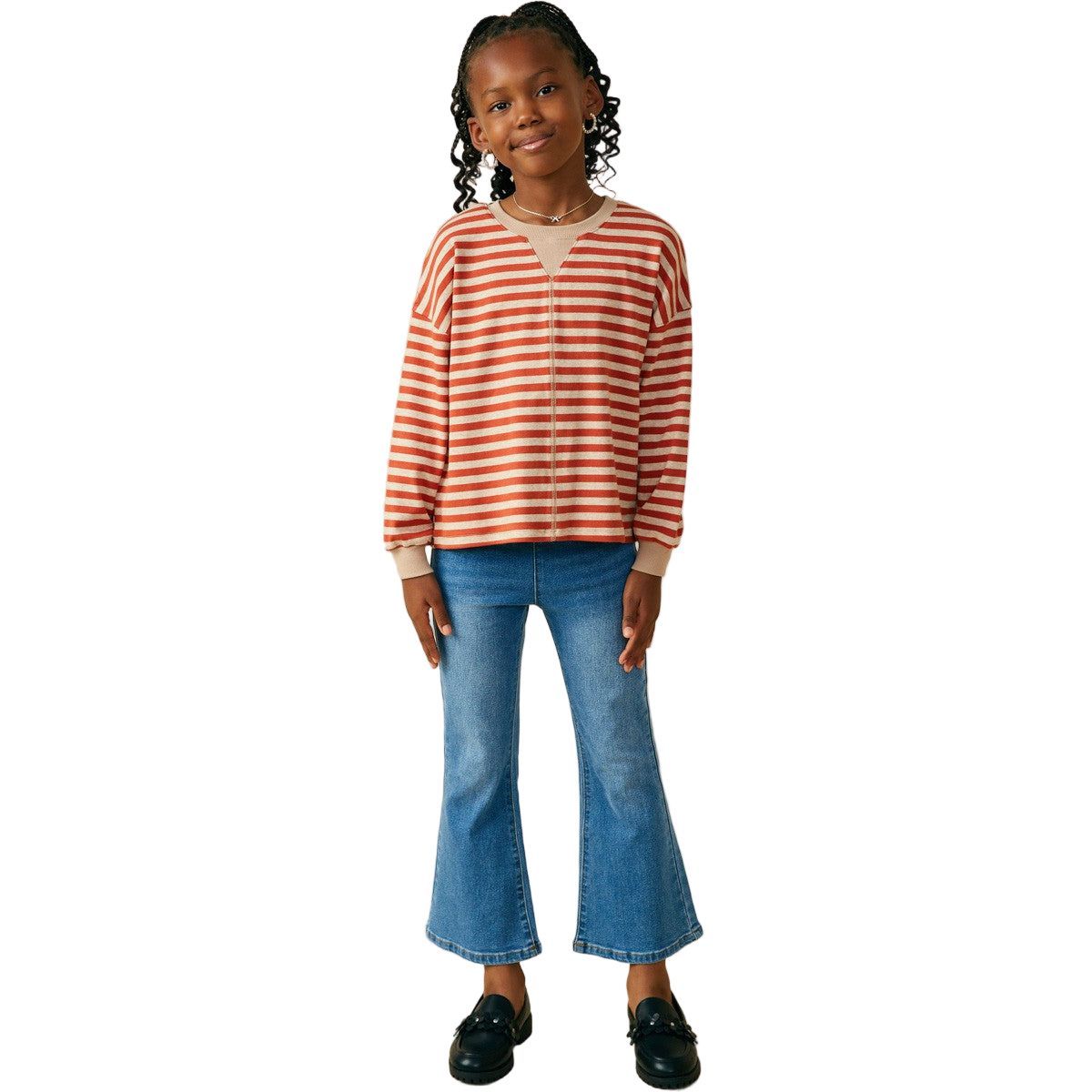 Girls Contrast Band Stitch Detail Striped Knit Top GY9726