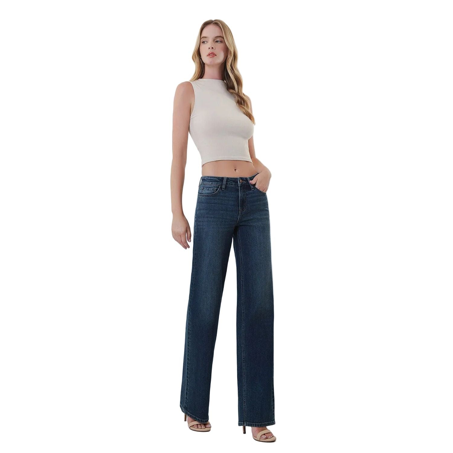 Women's Flying Monkey Mid Rise Full Length Dark Wash Wide Leg Jeans F6334