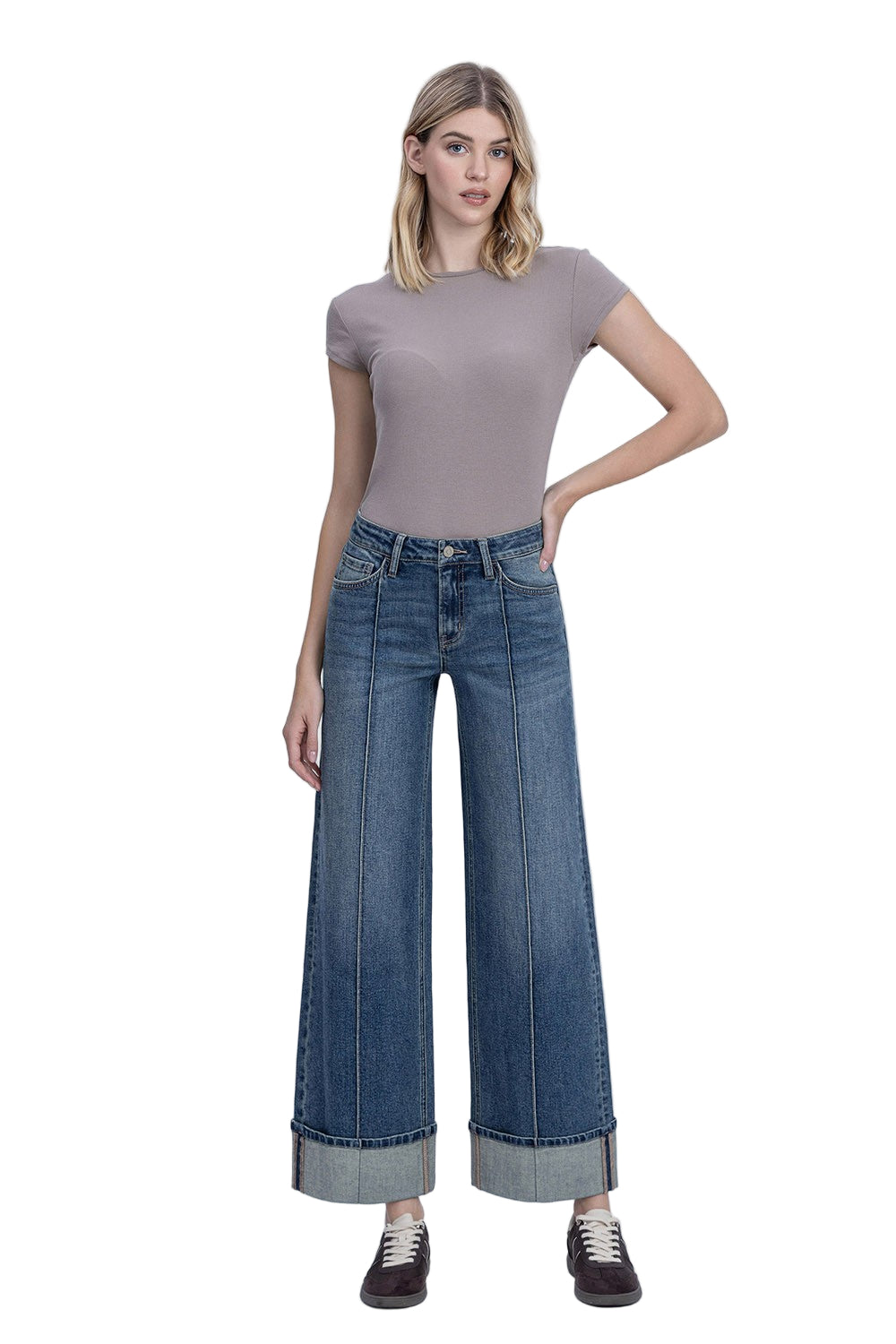 Mid Rise Pin Tuck Cuffed Baggy Wide Jeans