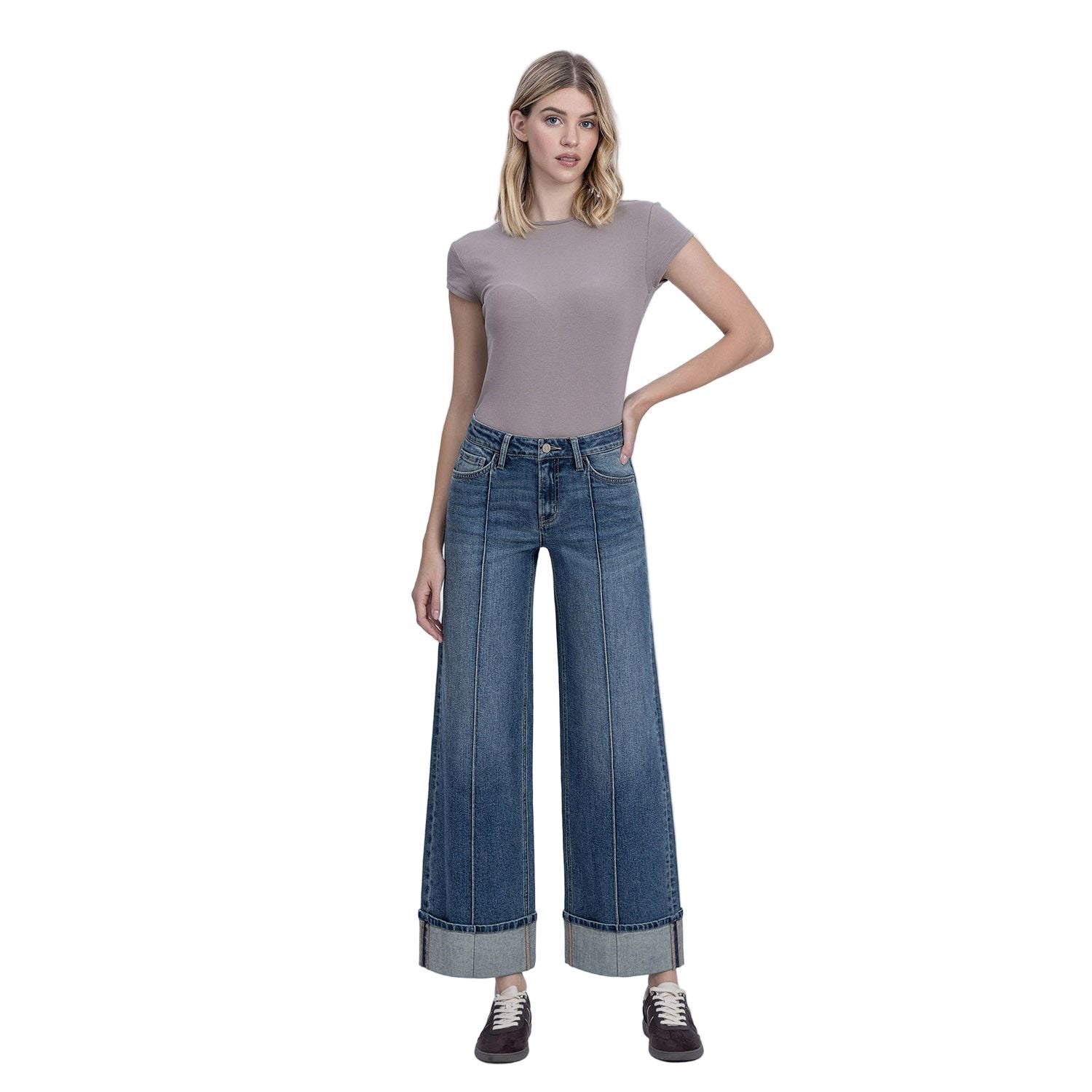 Mid Rise Pin Tuck Cuffed Baggy Wide Jeans