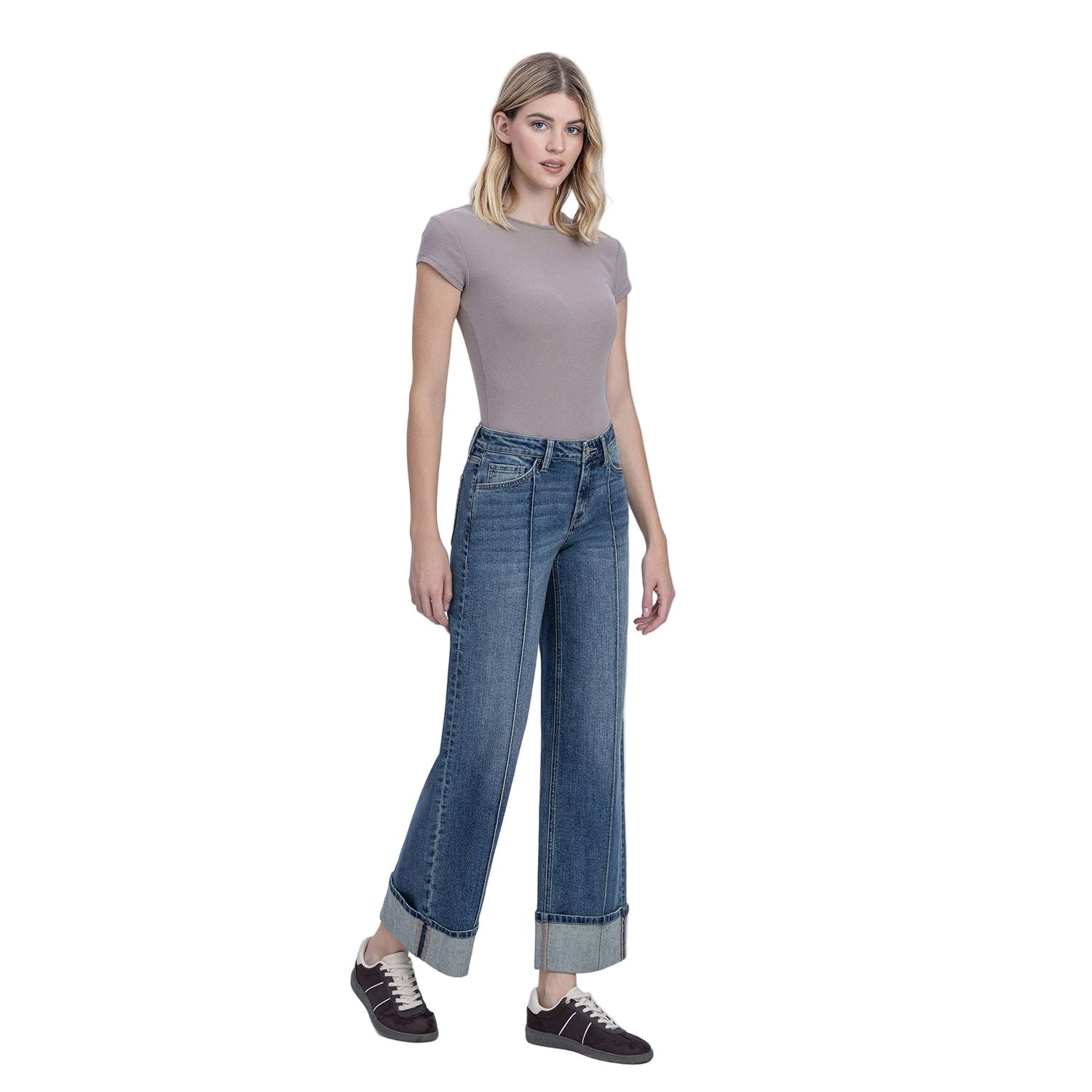 Mid Rise Pin Tuck Cuffed Baggy Wide Jeans