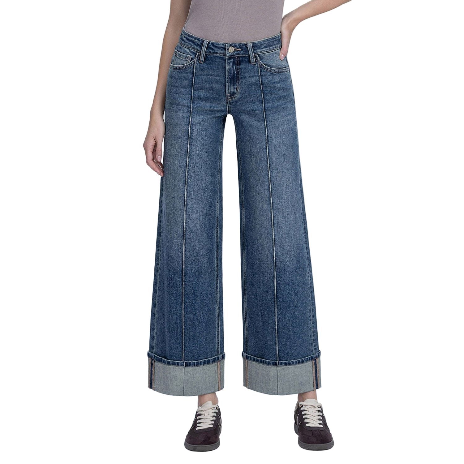 Mid Rise Pin Tuck Cuffed Baggy Wide Jeans