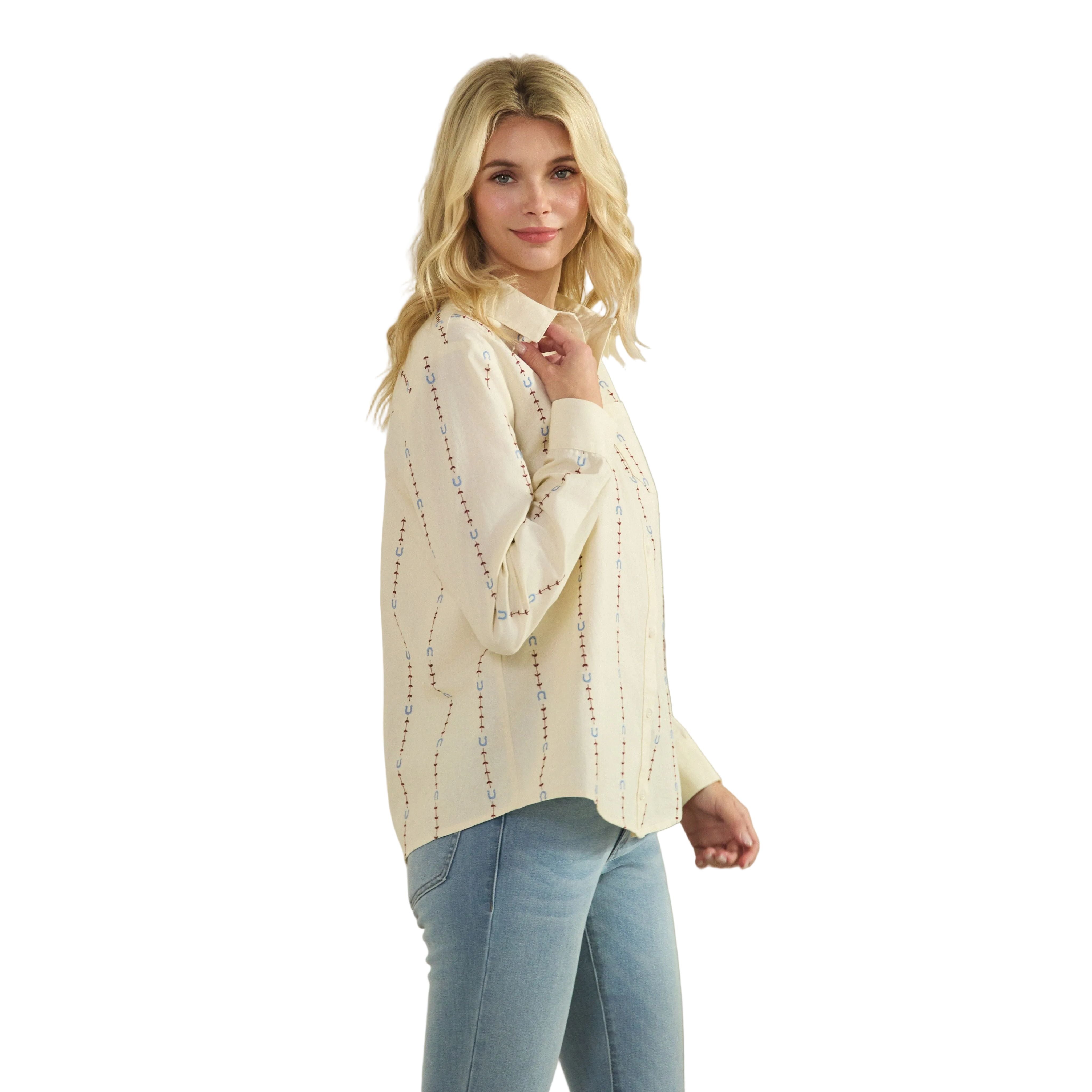 Women's Horseshoe Embroidered Fitted Shirt Blouse SDT6477