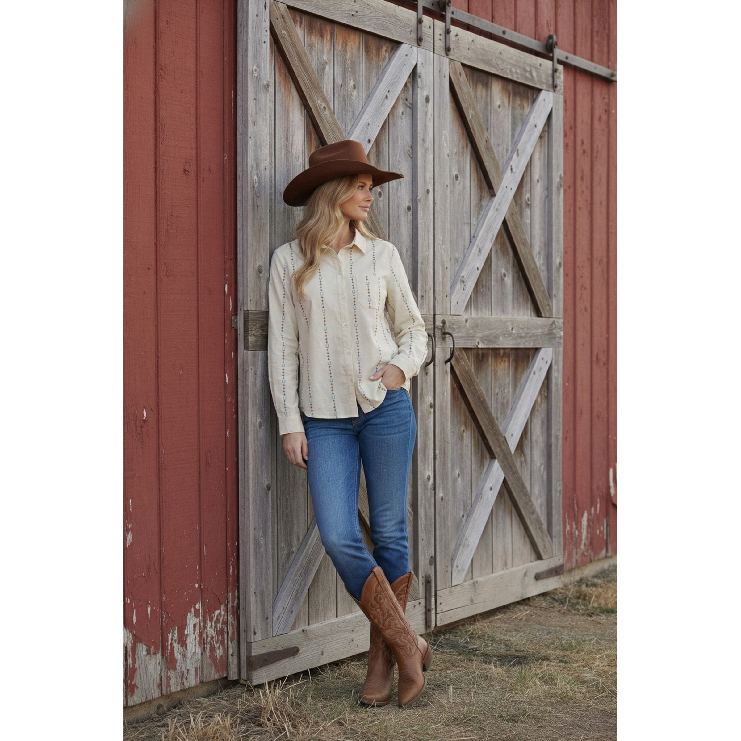 Women's Horseshoe Embroidered Fitted Shirt Blouse SDT6477