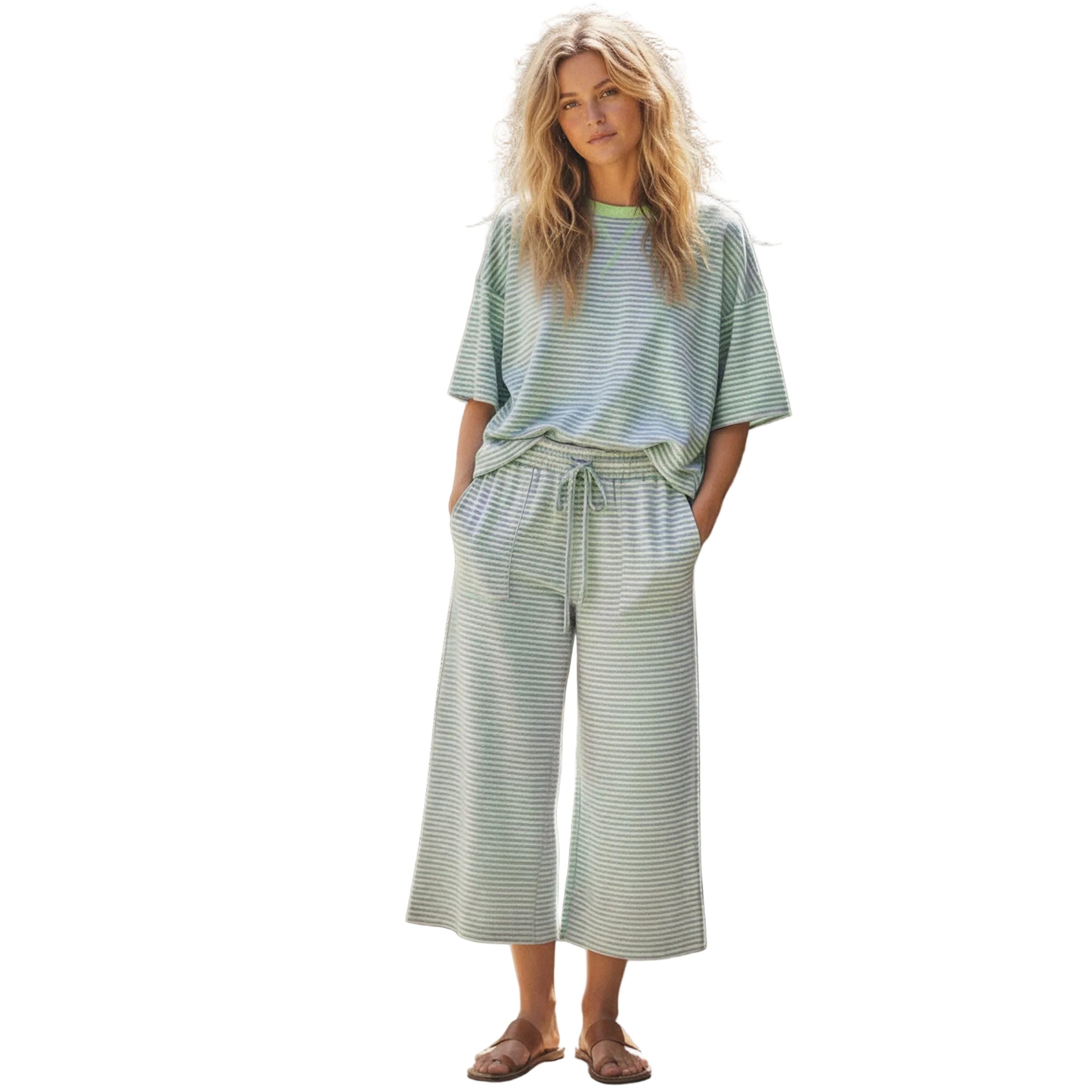 Women's Mint and Lilac Striped Knit Top And Pants Set SNS2246