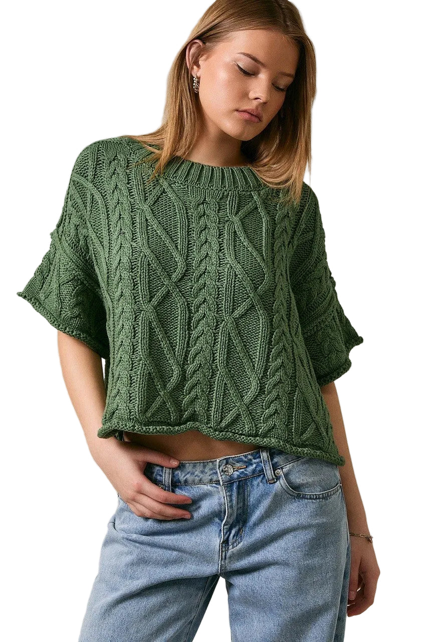 Le Lis Women's Dusty Green Cable Knit Short Sleeve Crew Neck Sweater Top