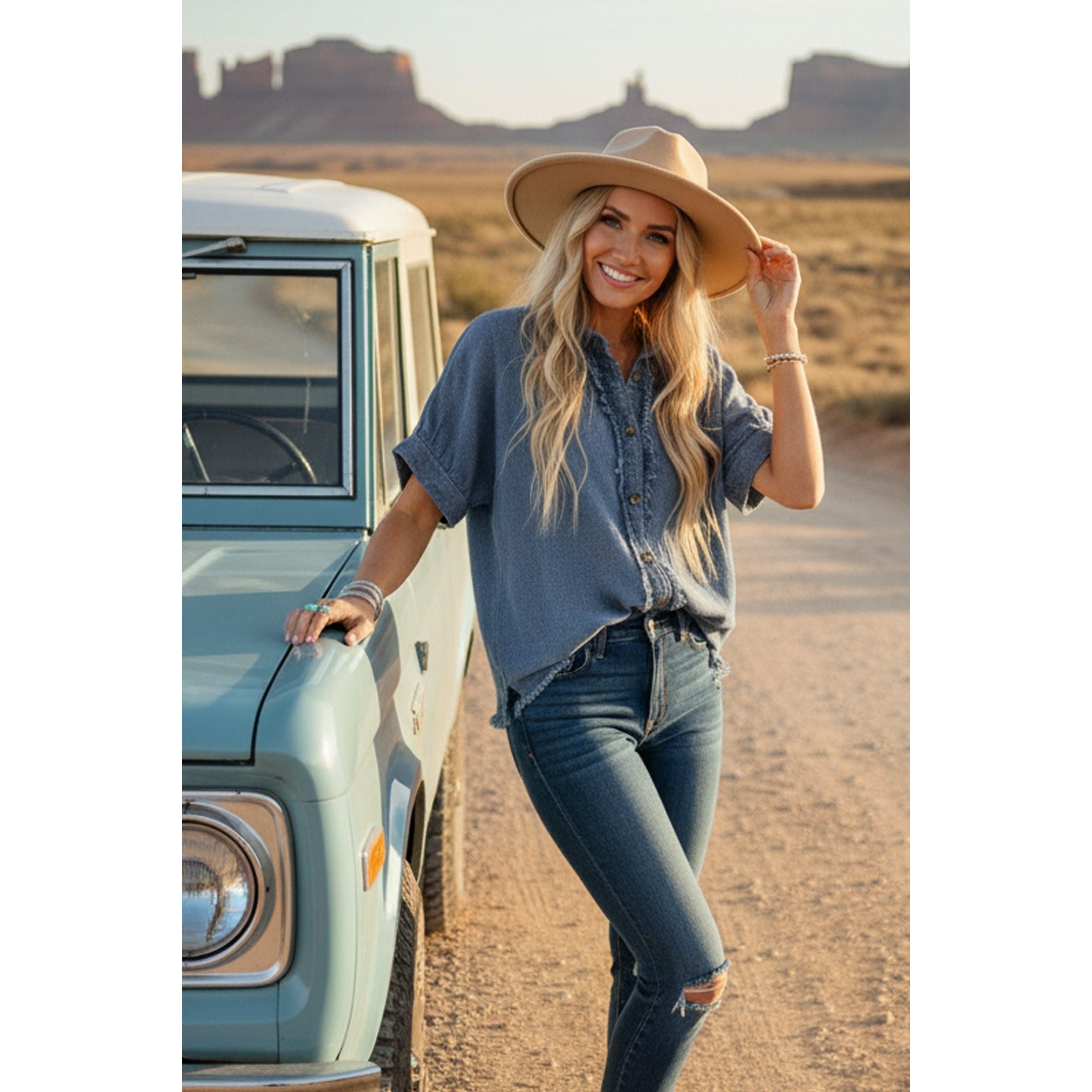 Women's Frayed Trim Denim Button Top SNS2254