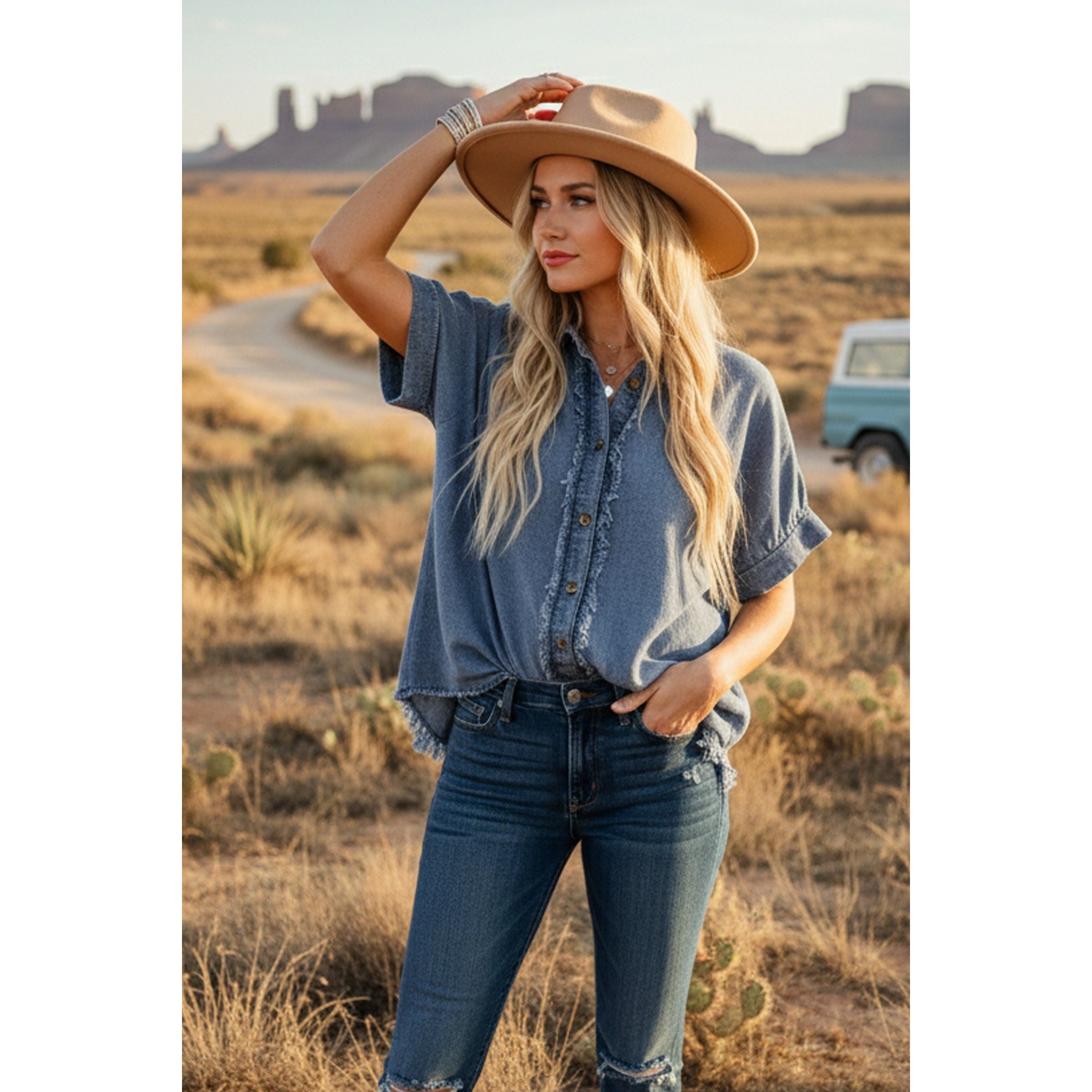 Women's Frayed Trim Denim Button Top SNS2254