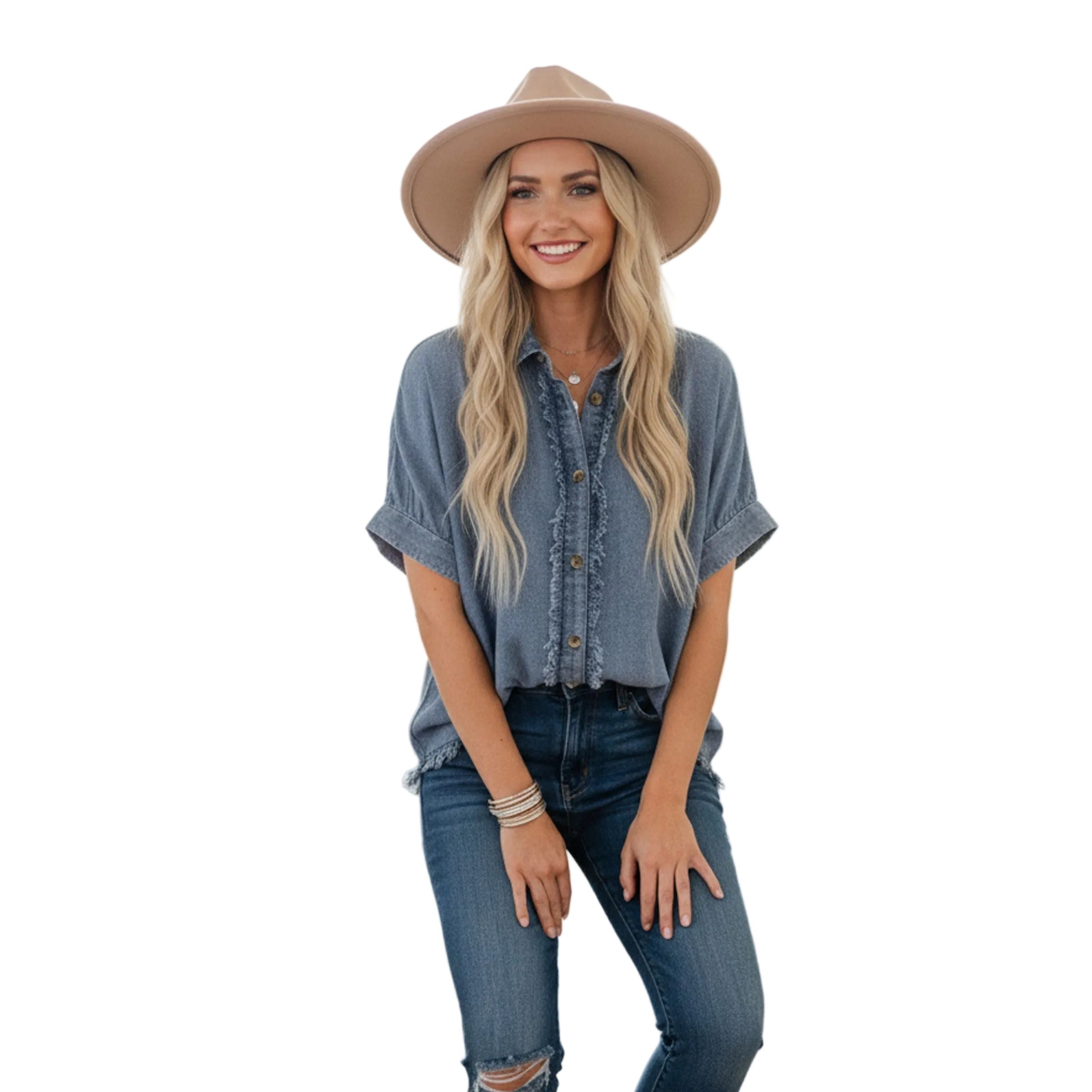 Women's Frayed Trim Denim Button Top SNS2254