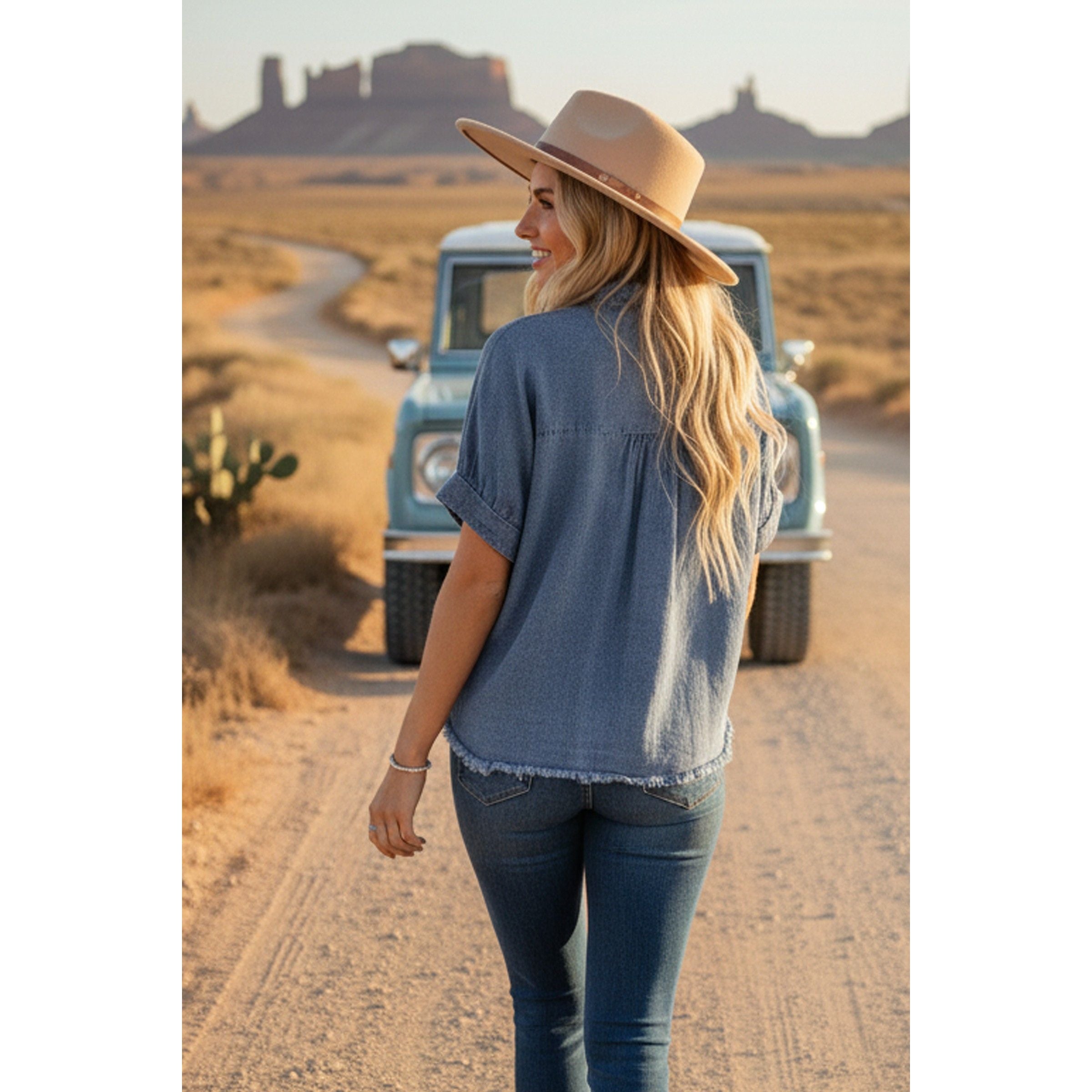 Women's Frayed Trim Denim Button Top SNS2254