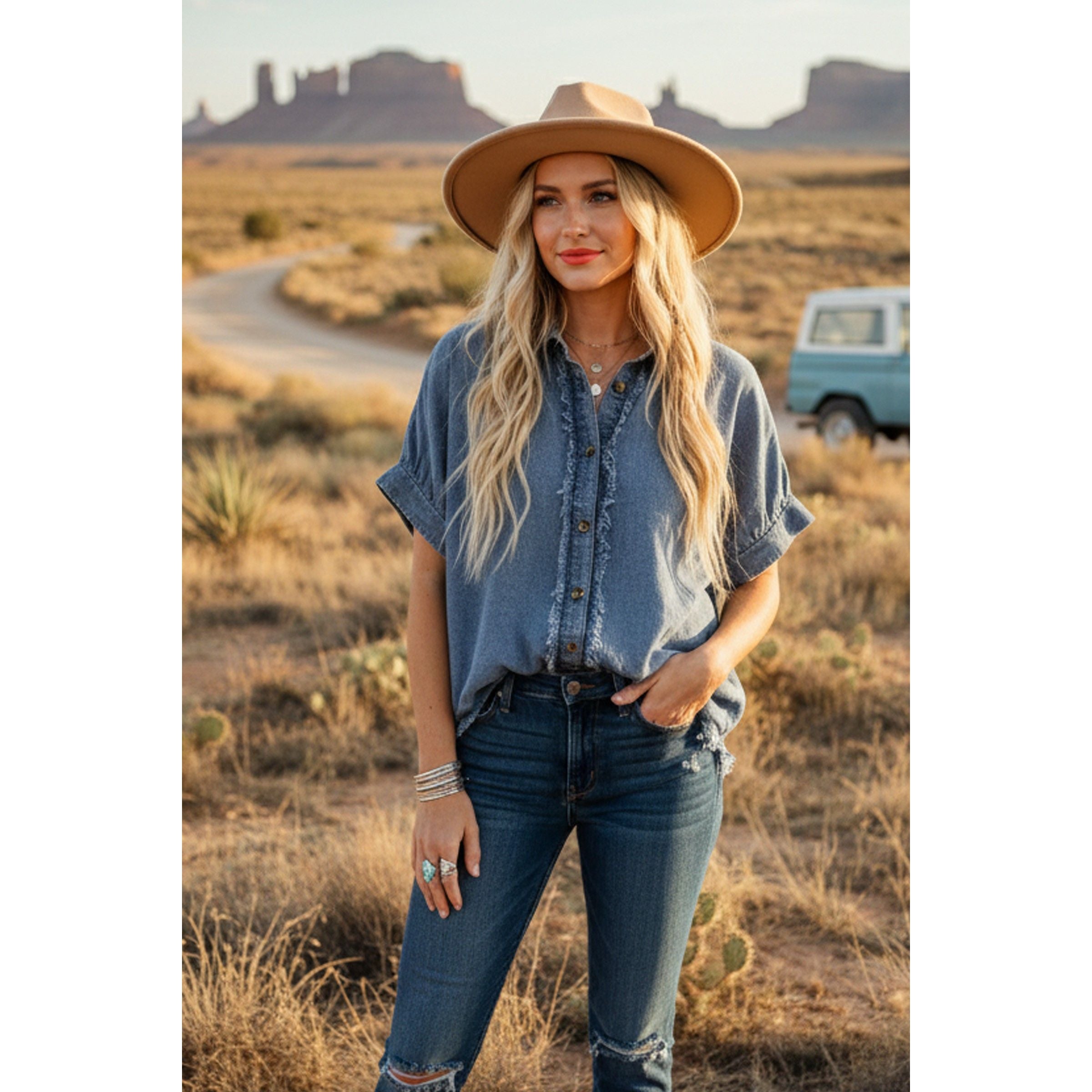 Women's Frayed Trim Denim Button Top SNS2254