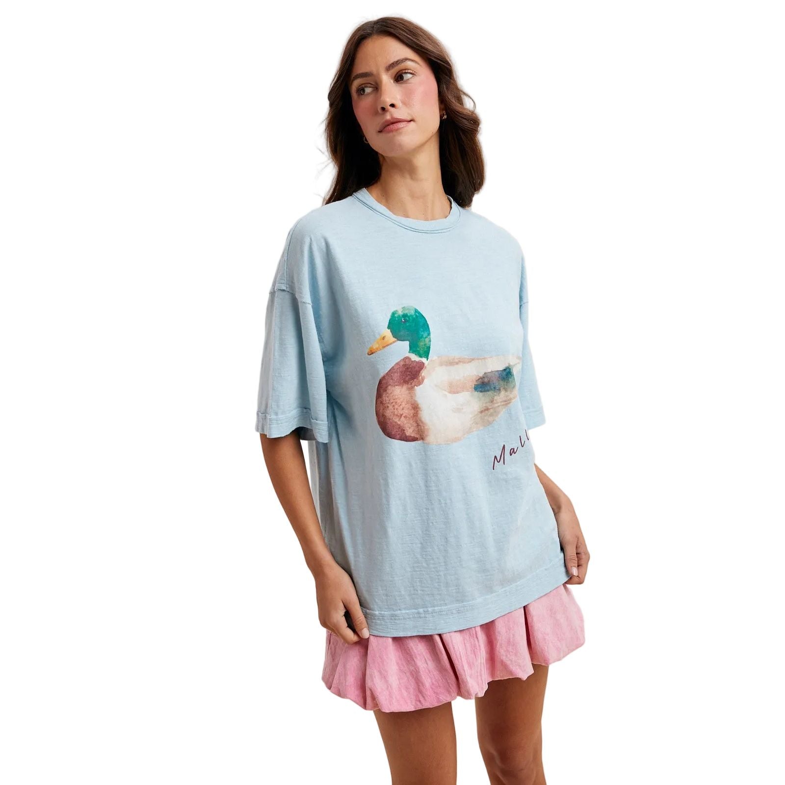 Women's Light Blue Mallard Duck Printed Oversized T-shirt AT3911J