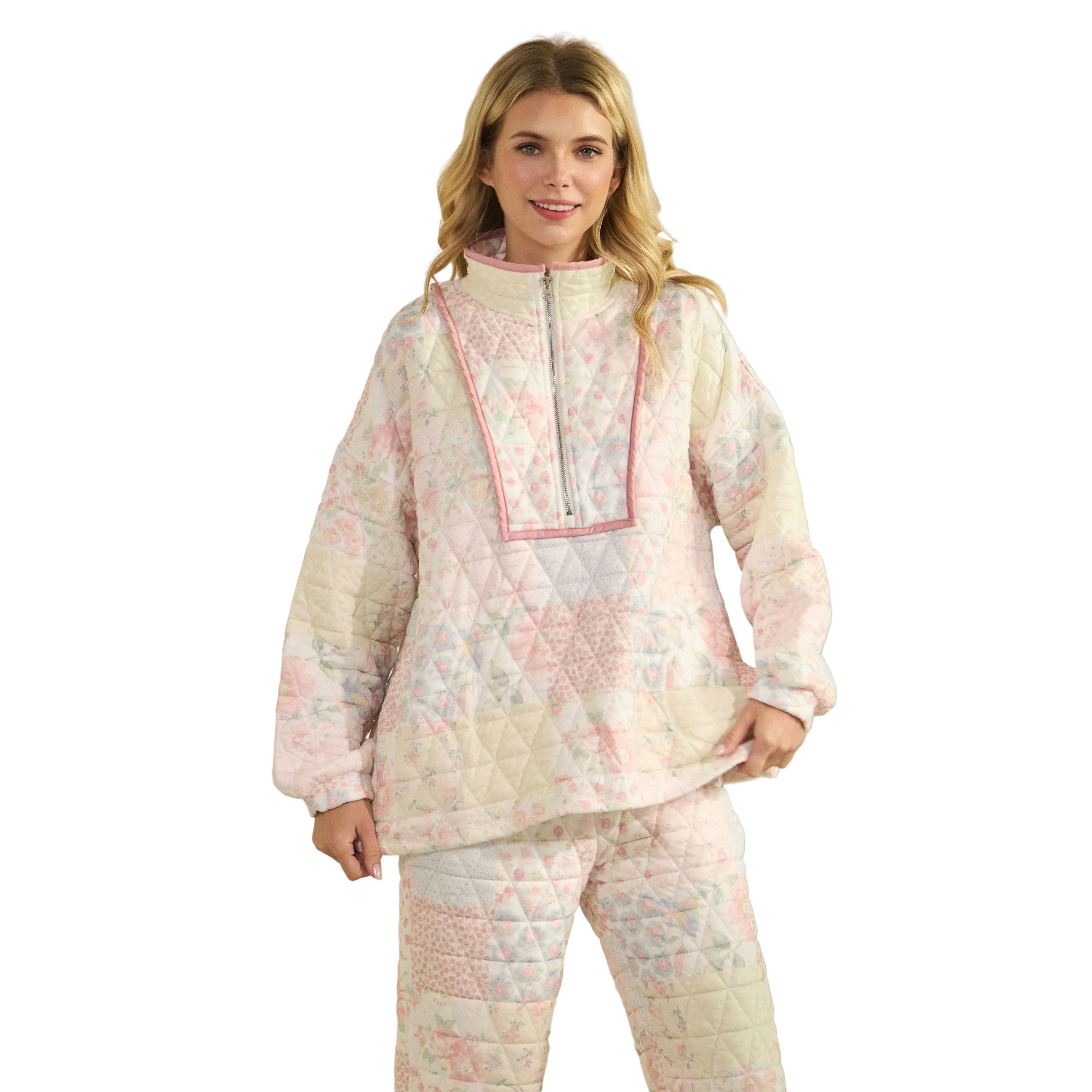 Women's Pastel Floral Textured Quarter Zip VT72523