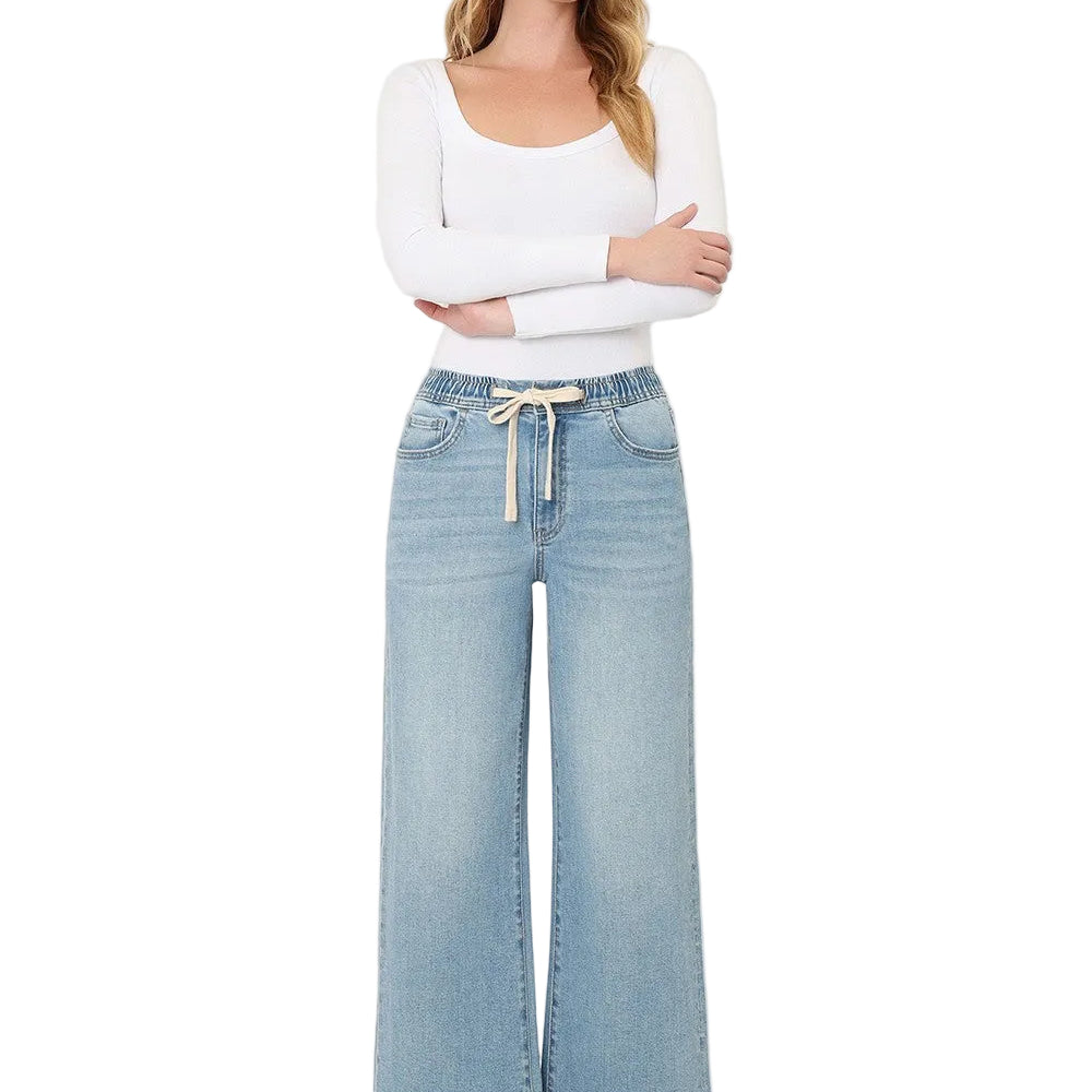 Women's Super High Rise Elastic Waistband Crop Wide Leg Jeans
