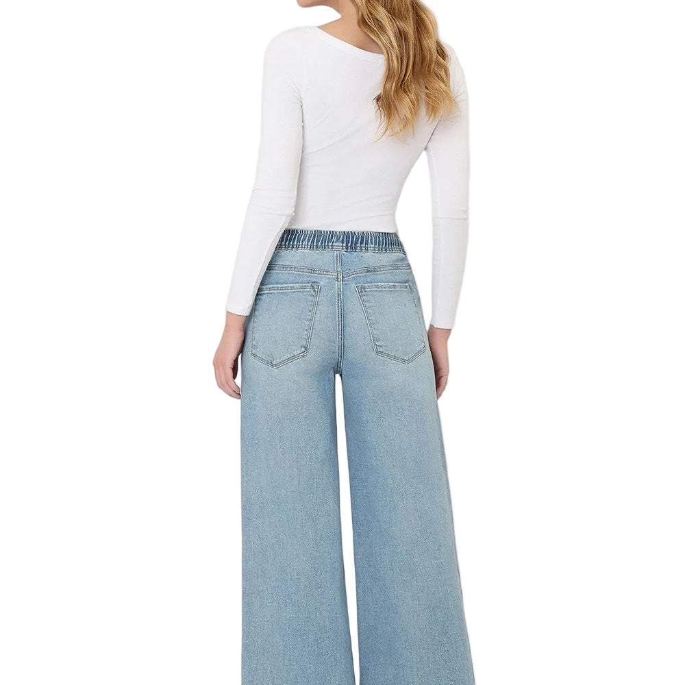 Women's Super High Rise Elastic Waistband Crop Wide Leg Jeans