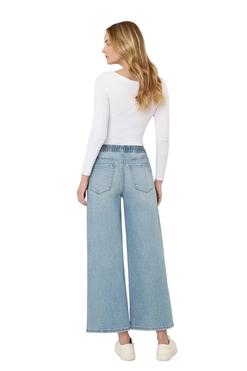 Women's Super High Rise Elastic Waistband Crop Wide Leg Jeans