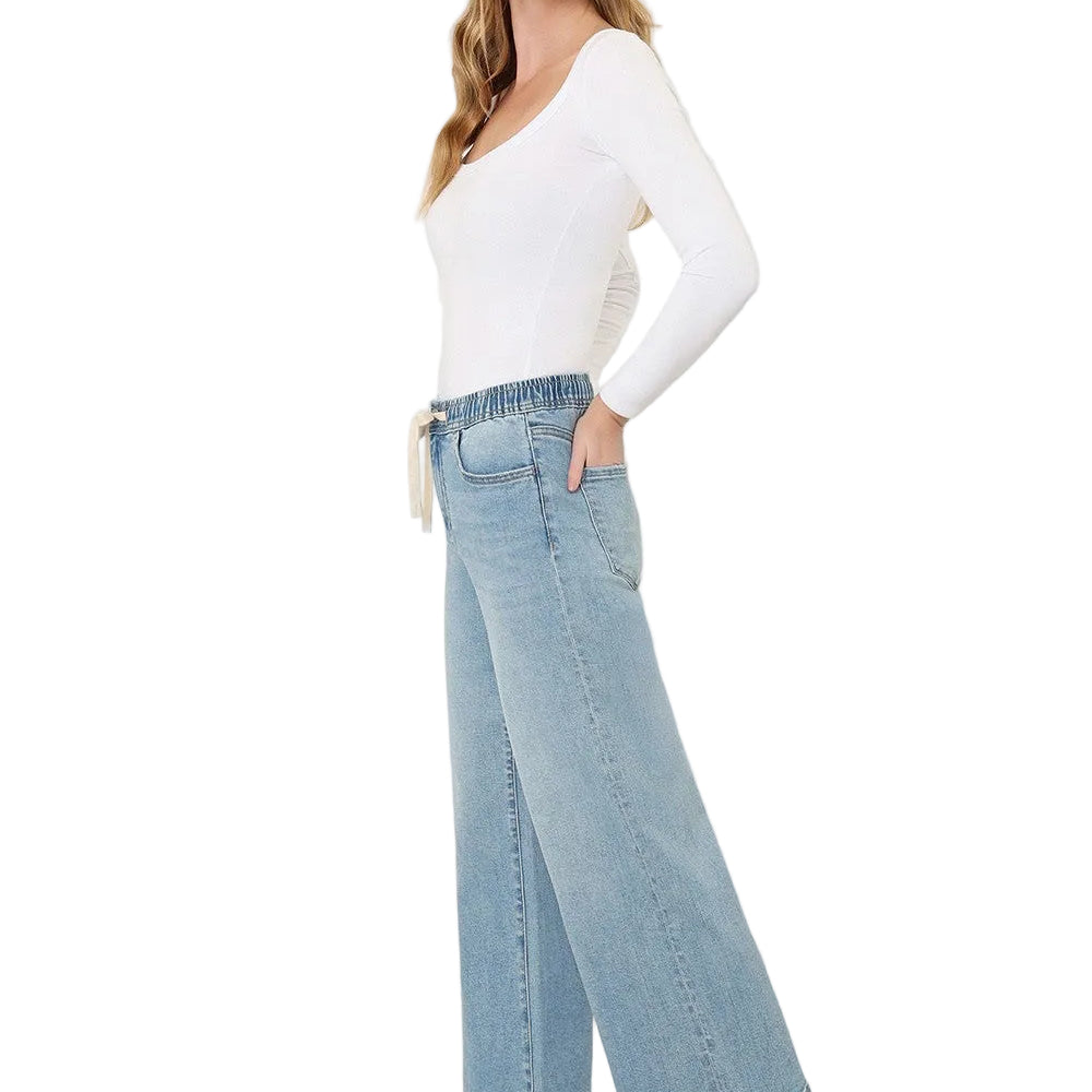 Women's Super High Rise Elastic Waistband Crop Wide Leg Jeans