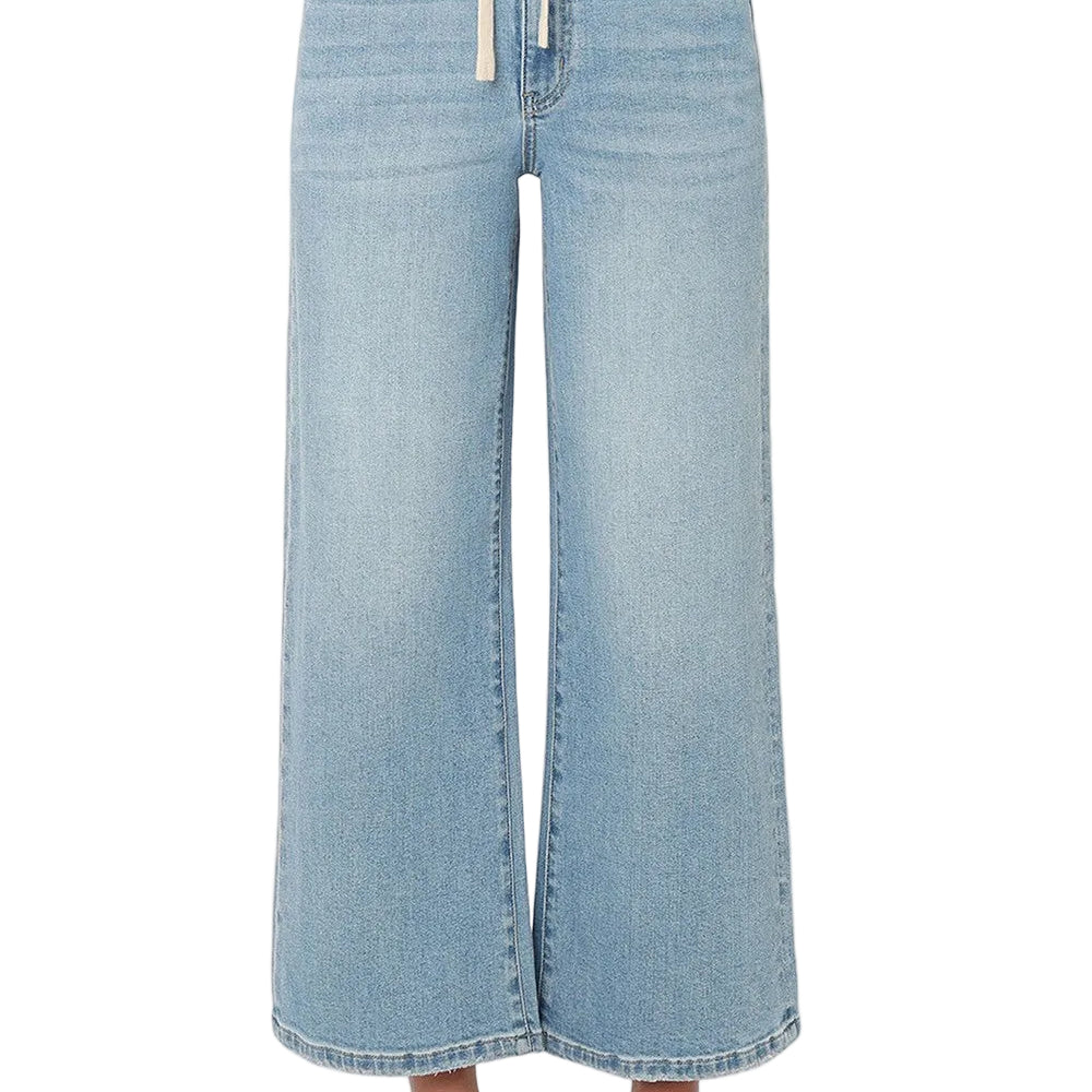 Women's Super High Rise Elastic Waistband Crop Wide Leg Jeans