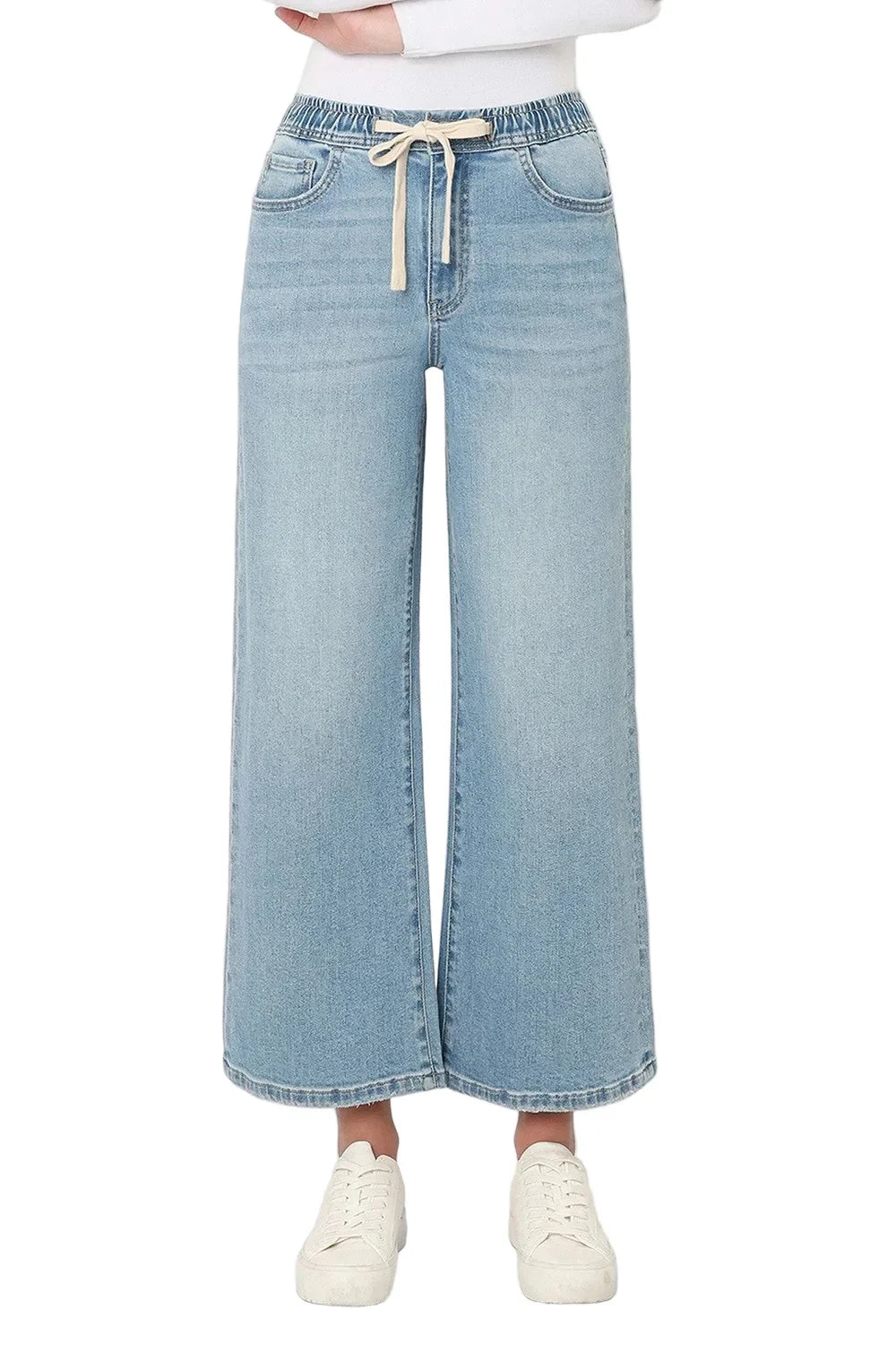 Women's Super High Rise Elastic Waistband Crop Wide Leg Jeans
