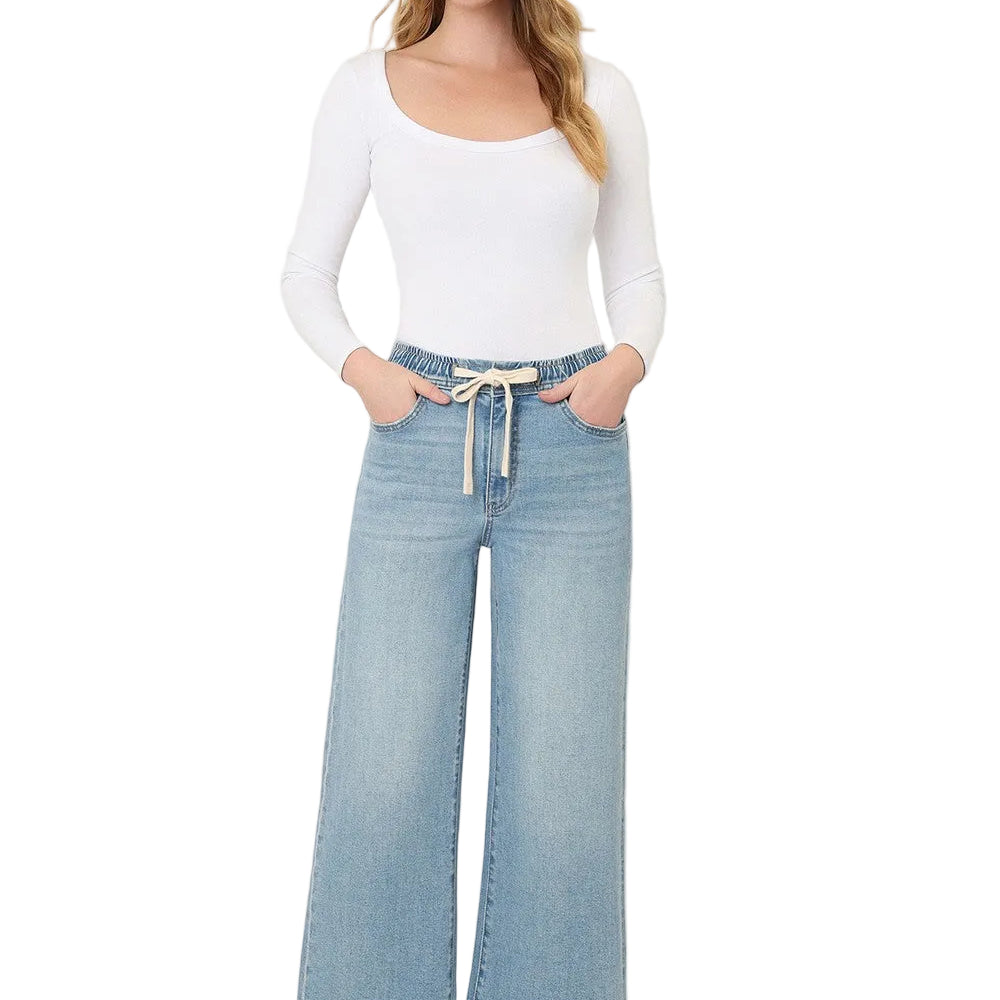 Women's Super High Rise Elastic Waistband Crop Wide Leg Jeans