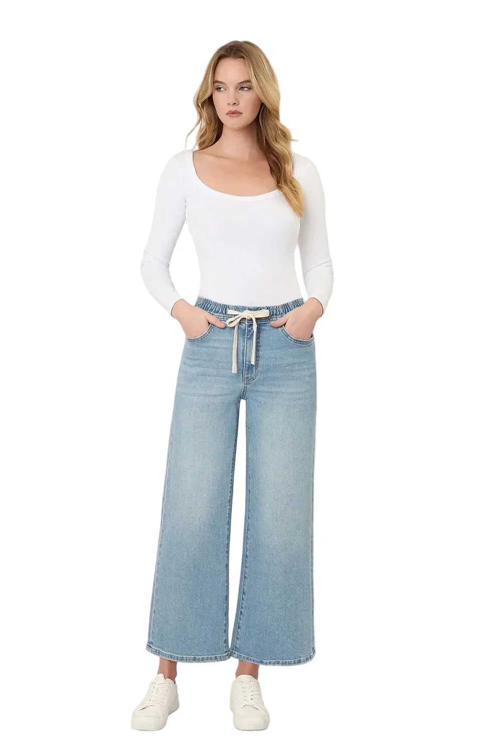 Women's Super High Rise Elastic Waistband Crop Wide Leg Jeans