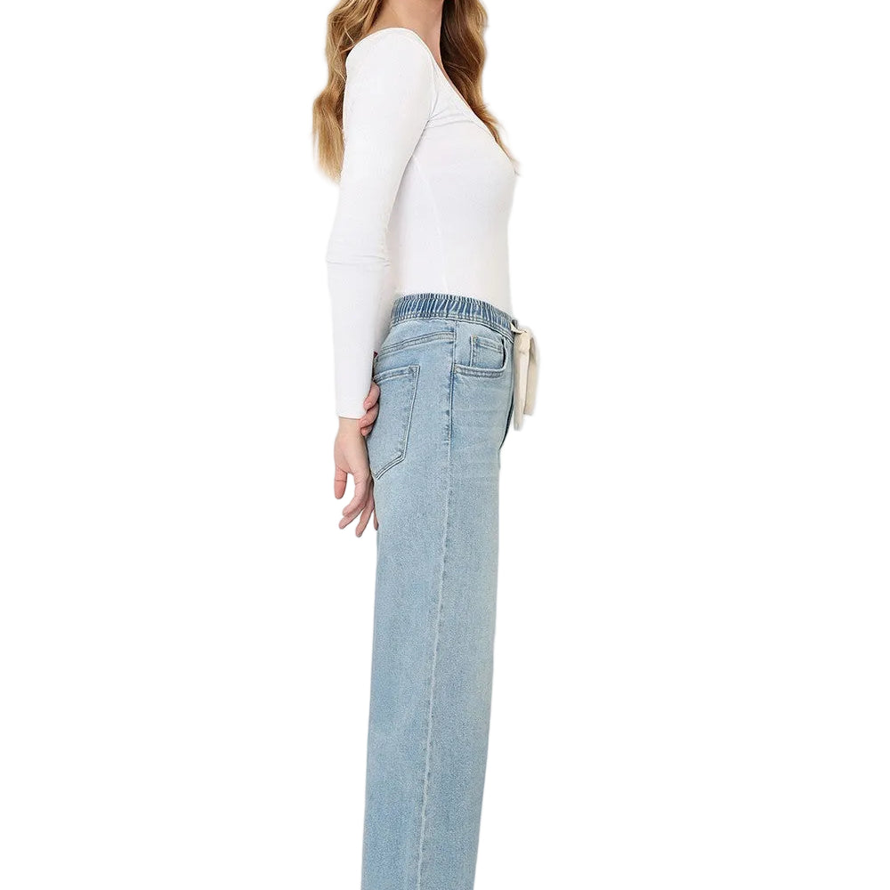Women's Super High Rise Elastic Waistband Crop Wide Leg Jeans
