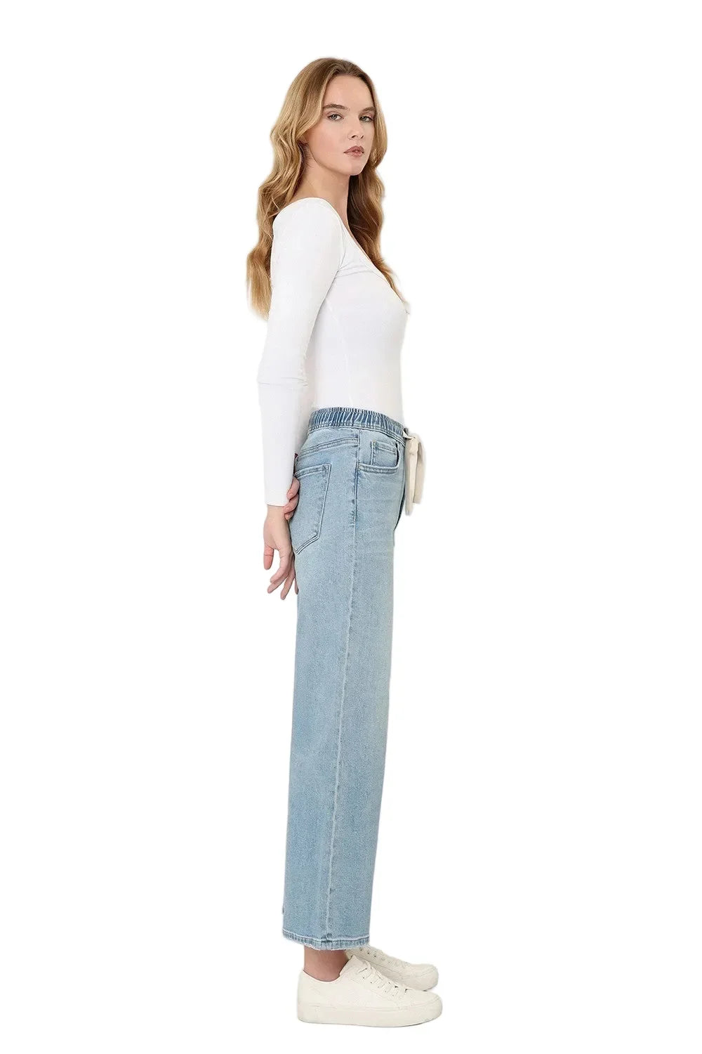 Women's Super High Rise Elastic Waistband Crop Wide Leg Jeans