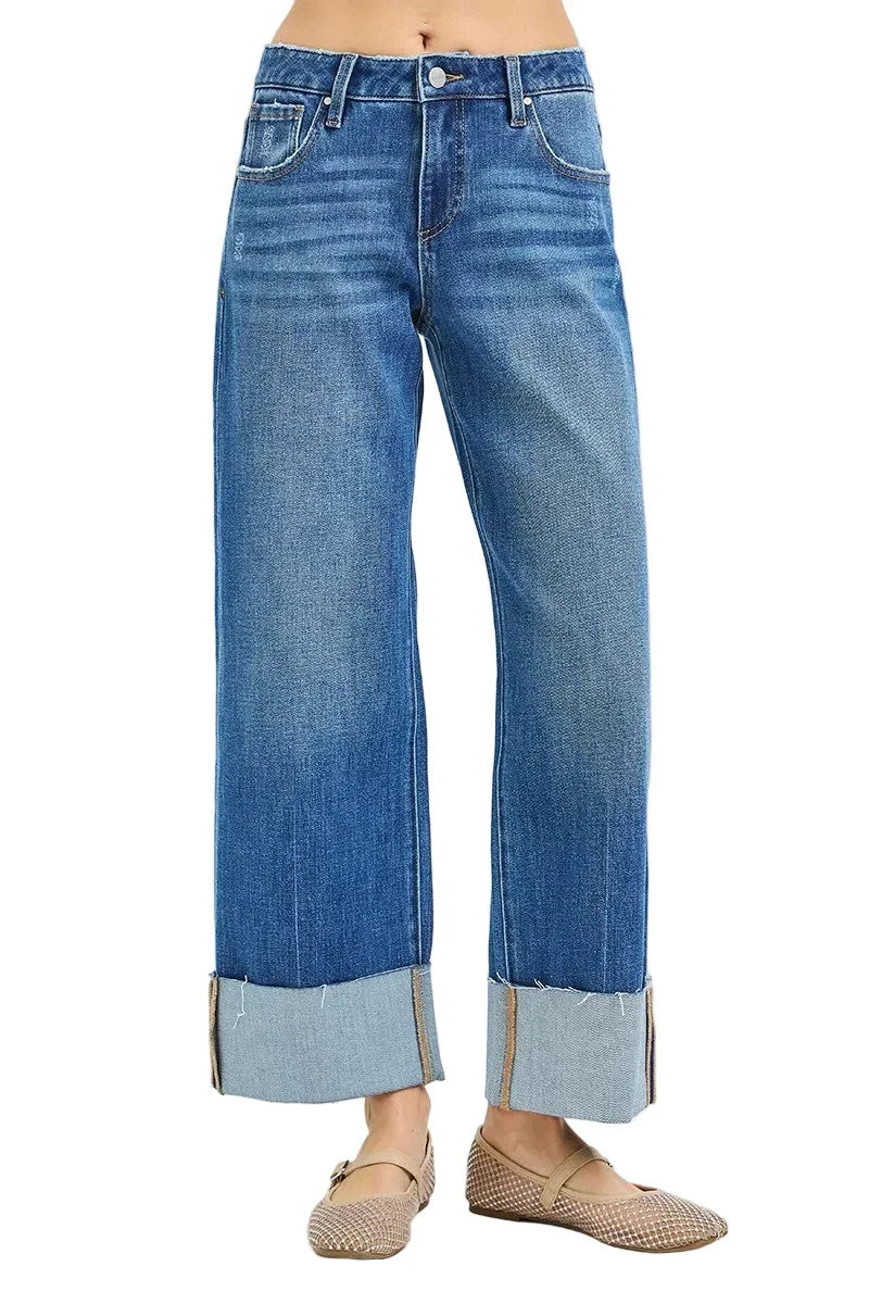 Risen Women's 4 Way Stretchy Mid Rise Cropped Straight Jeans With Cuffed Hem