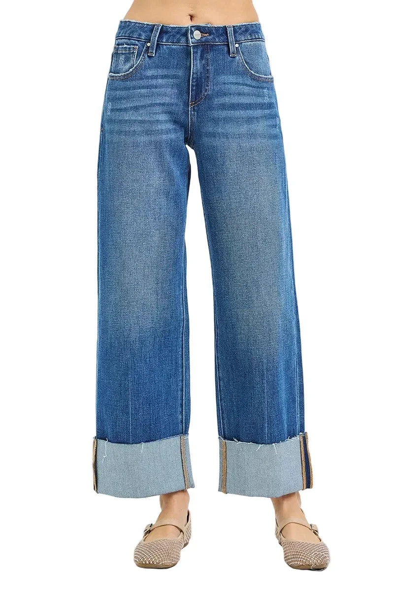 Risen Women's 4 Way Stretchy Mid Rise Cropped Straight Jeans With Cuffed Hem