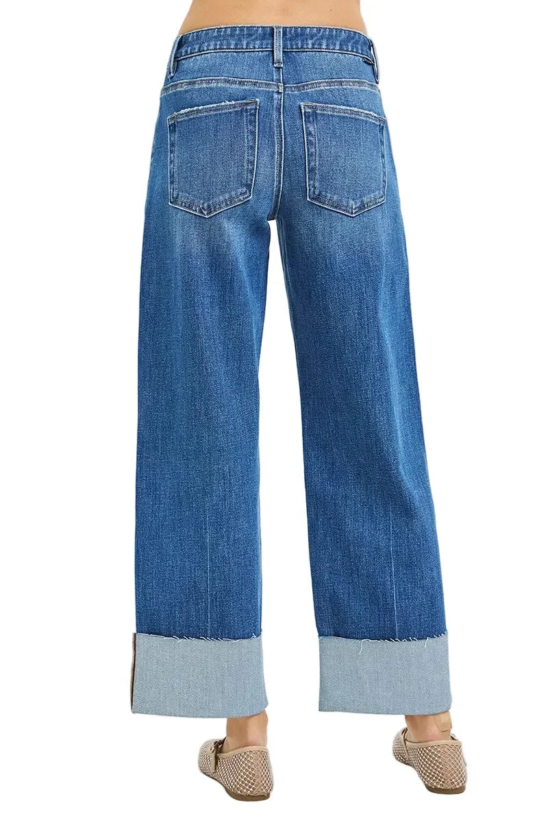 Risen Women's 4 Way Stretchy Mid Rise Cropped Straight Jeans With Cuffed Hem