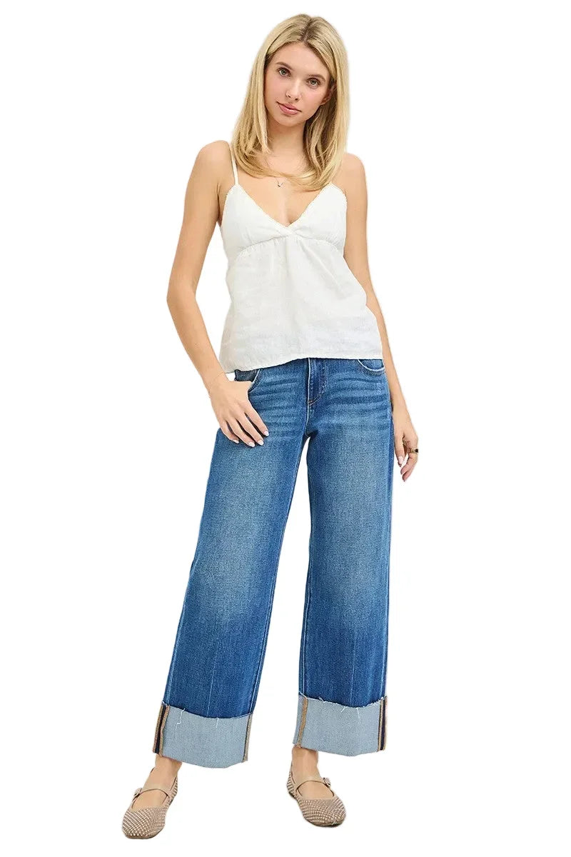 Risen Women's 4 Way Stretchy Mid Rise Cropped Straight Jeans With Cuffed Hem