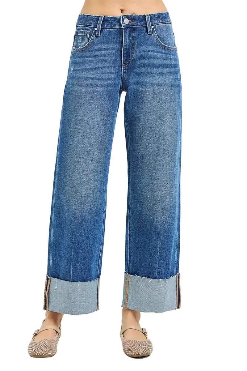 Risen Women's 4 Way Stretchy Mid Rise Cropped Straight Jeans With Cuffed Hem