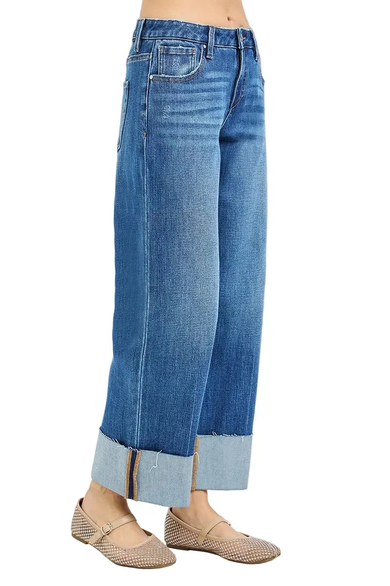Risen Women's 4 Way Stretchy Mid Rise Cropped Straight Jeans With Cuffed Hem