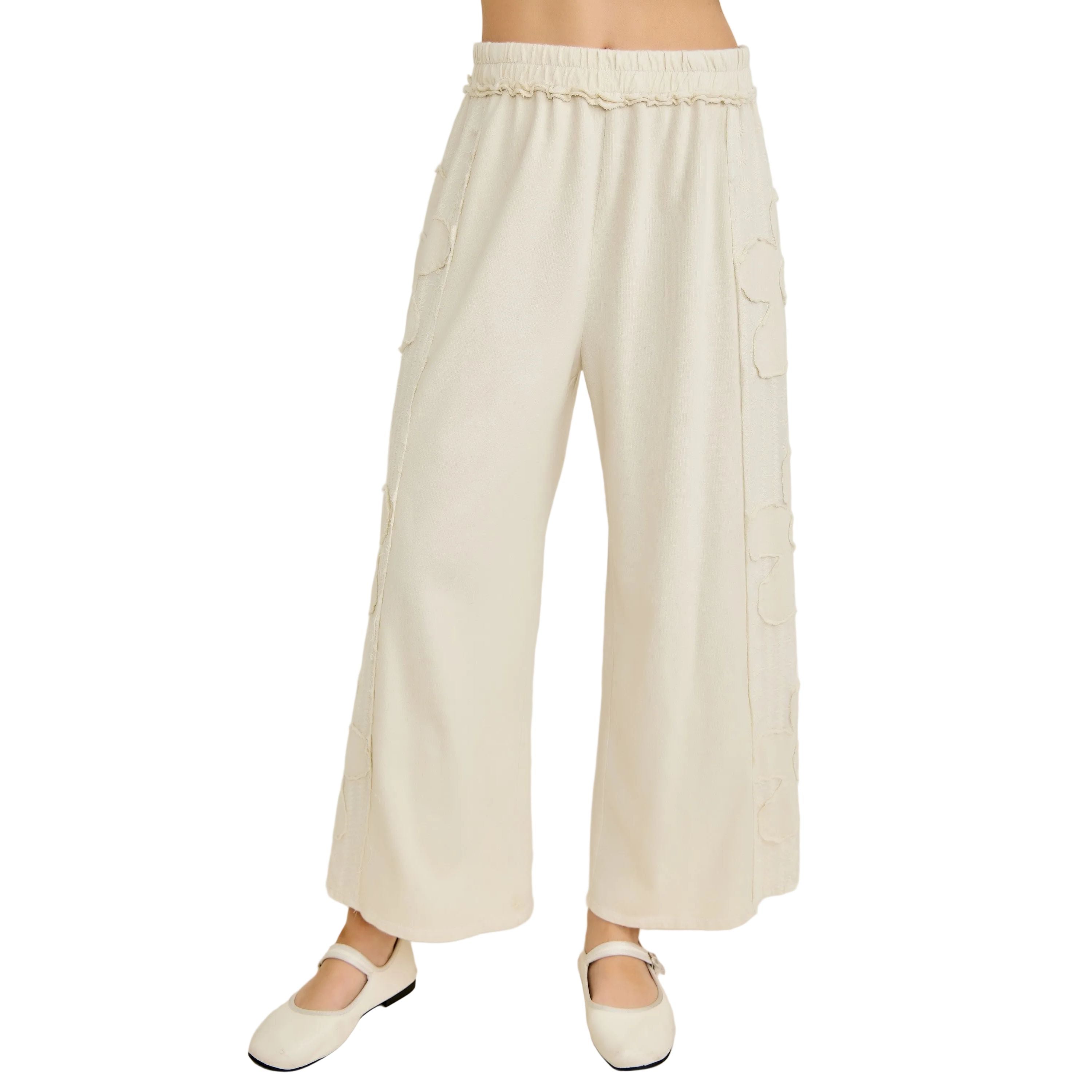 Women's Natural Mineral Washed Eyelet Flower Patch Wide Leg Pants HP6459P1