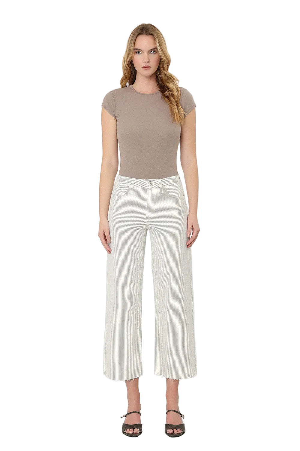 Vervet Women's High Rise Raw Hem Striped Crop Wide Leg Jeans