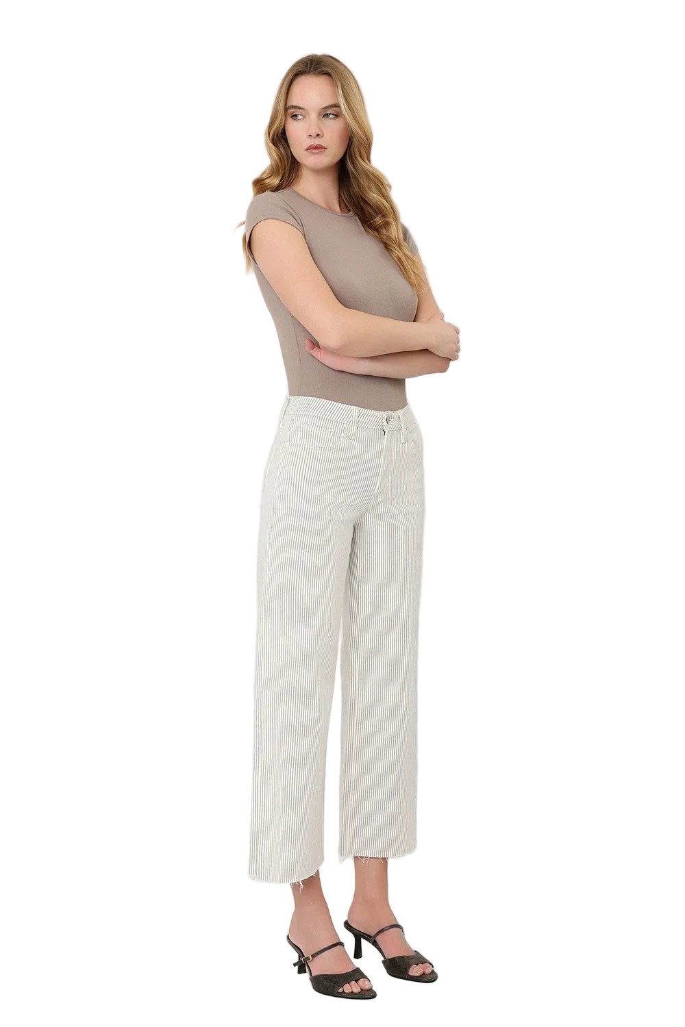 Vervet Women's High Rise Raw Hem Striped Crop Wide Leg Jeans