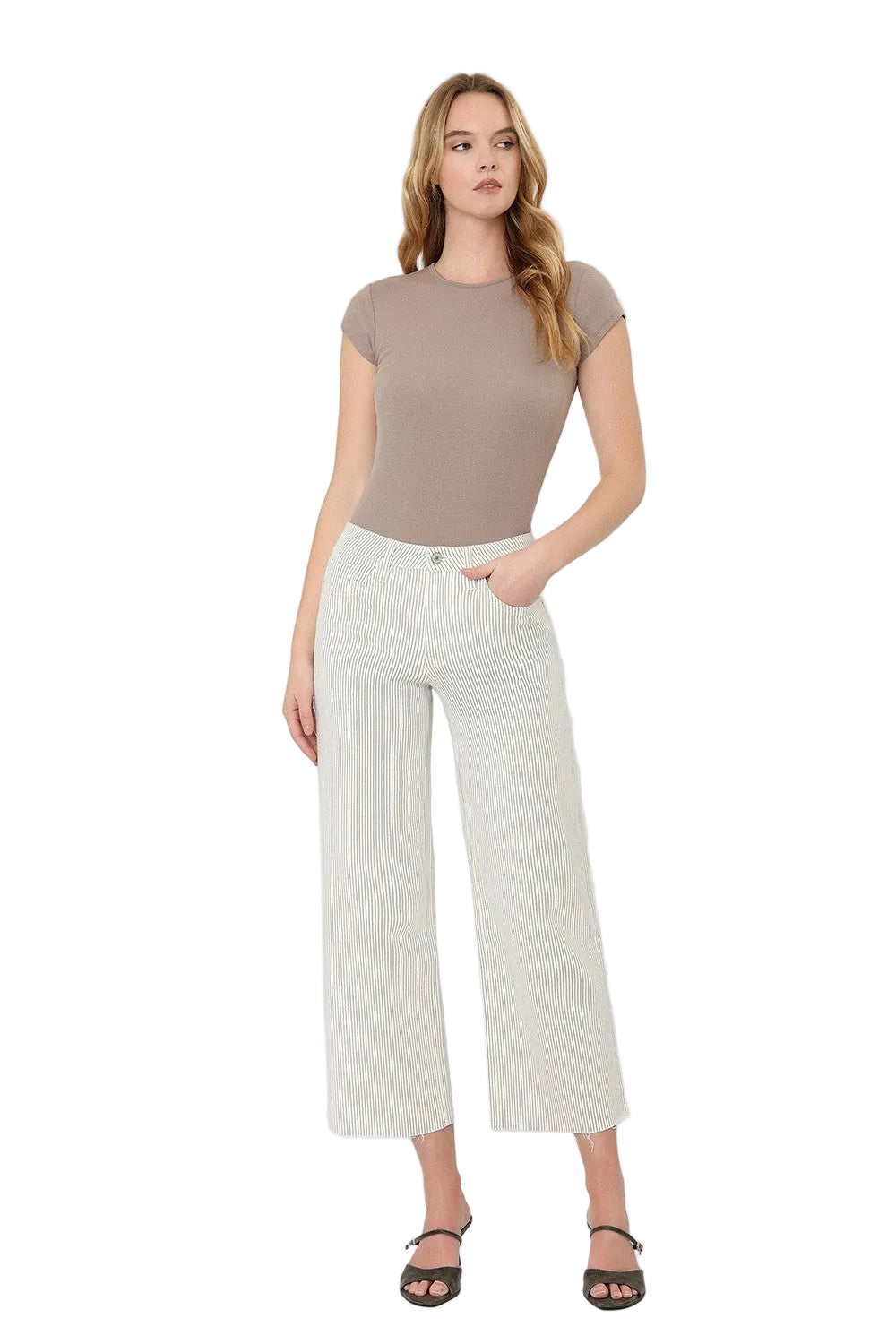 Vervet Women's High Rise Raw Hem Striped Crop Wide Leg Jeans